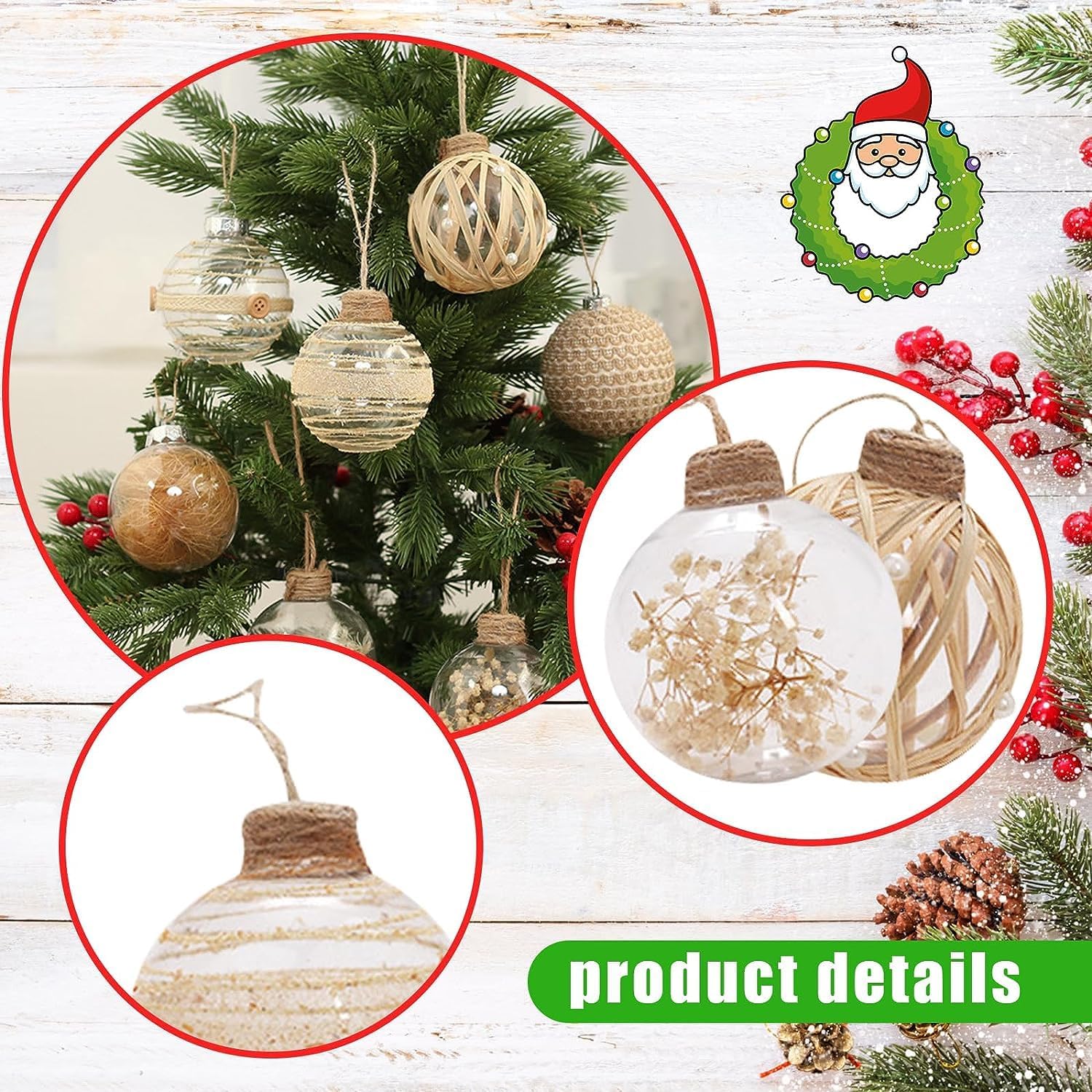 Adornos – Juego de 6 adornos de bolas de Navidad de 3.150 in3.15 pulgadas, adornos de Navidad con cordel transparente, inastillables, decoración de