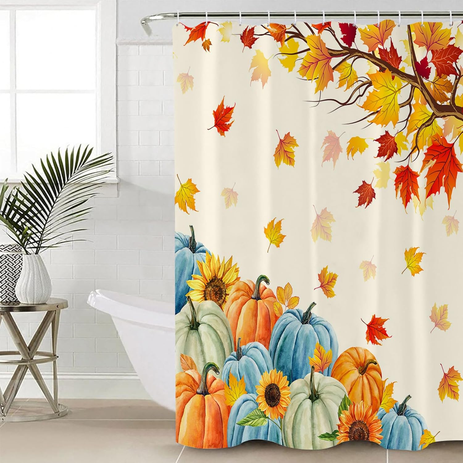 Cortina de ducha de otoño de Acción de Gracias, decoración de baño, azul, naranja, verde, calabaza, hojas de arce, cortinas de ducha impermeables de