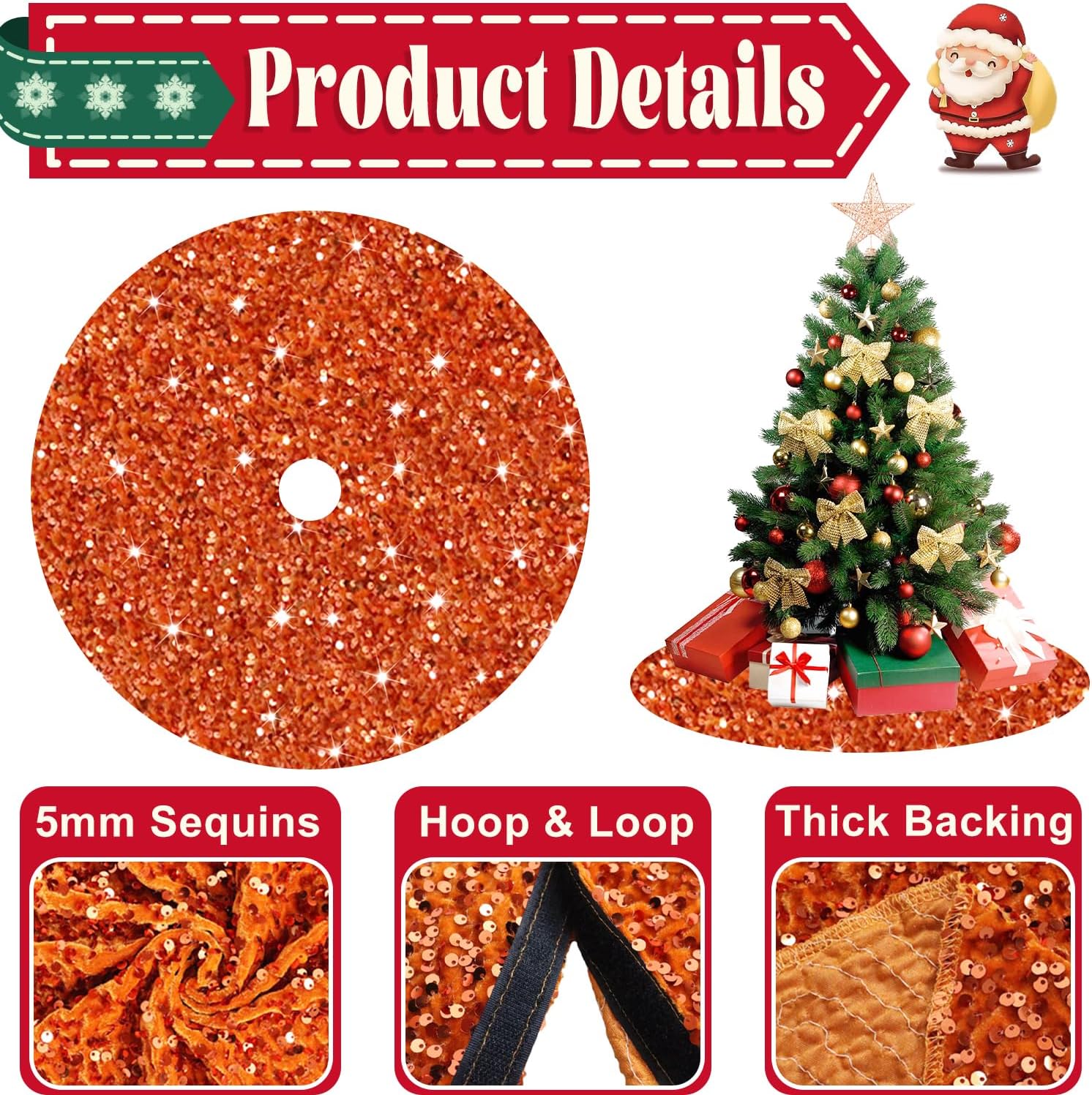 Faldas de árbol de Navidad con purpurina de 21 pulgadas, falda de árbol de Papá Noel con lentejuelas naranjas, tapete de terciopelo para árbol de
