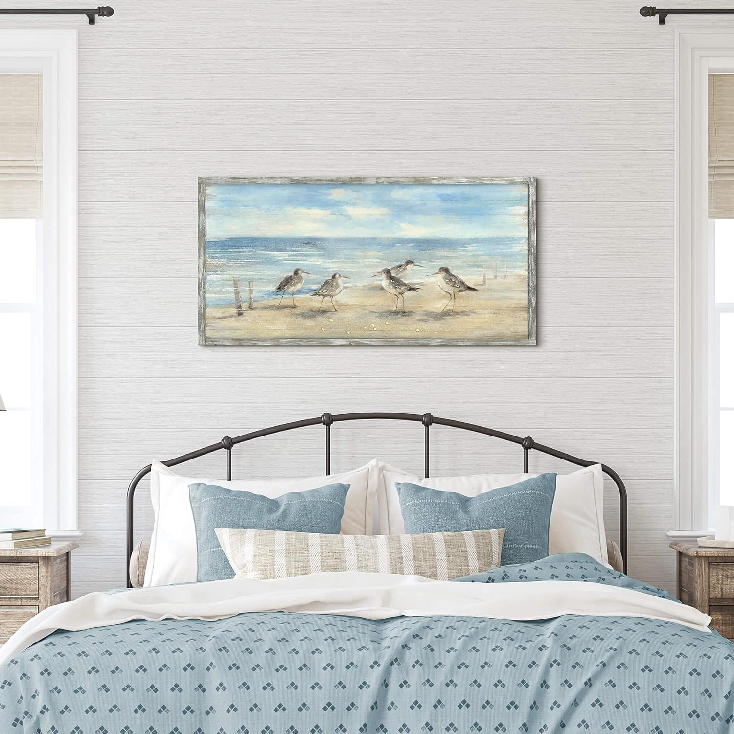 Pintura enmarcada costera para decoración de pared arte abstracto de pared del océano de 40 x 20 pulgadas, gaviotas estilo pintura al óleo, imagen