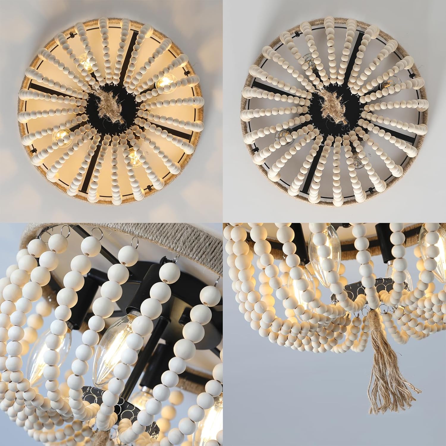 Lámpara de techo bohemia con cuentas de madera, 4 luces de roble blanco, estilo bohemio, para dormitorio, pasillo, entrada, cuarto de bebé, pasillo,