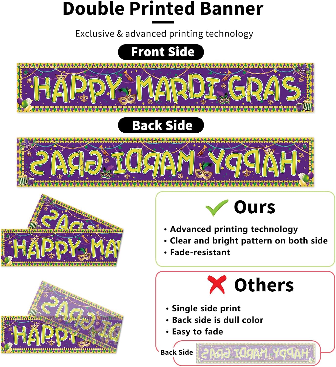 Probsin Cartel de Mardi Gras de 120 x 20 pulgadas, decoración para patio, decoración de Nueva Orleans, suministros para fiestas de máscaras, corona