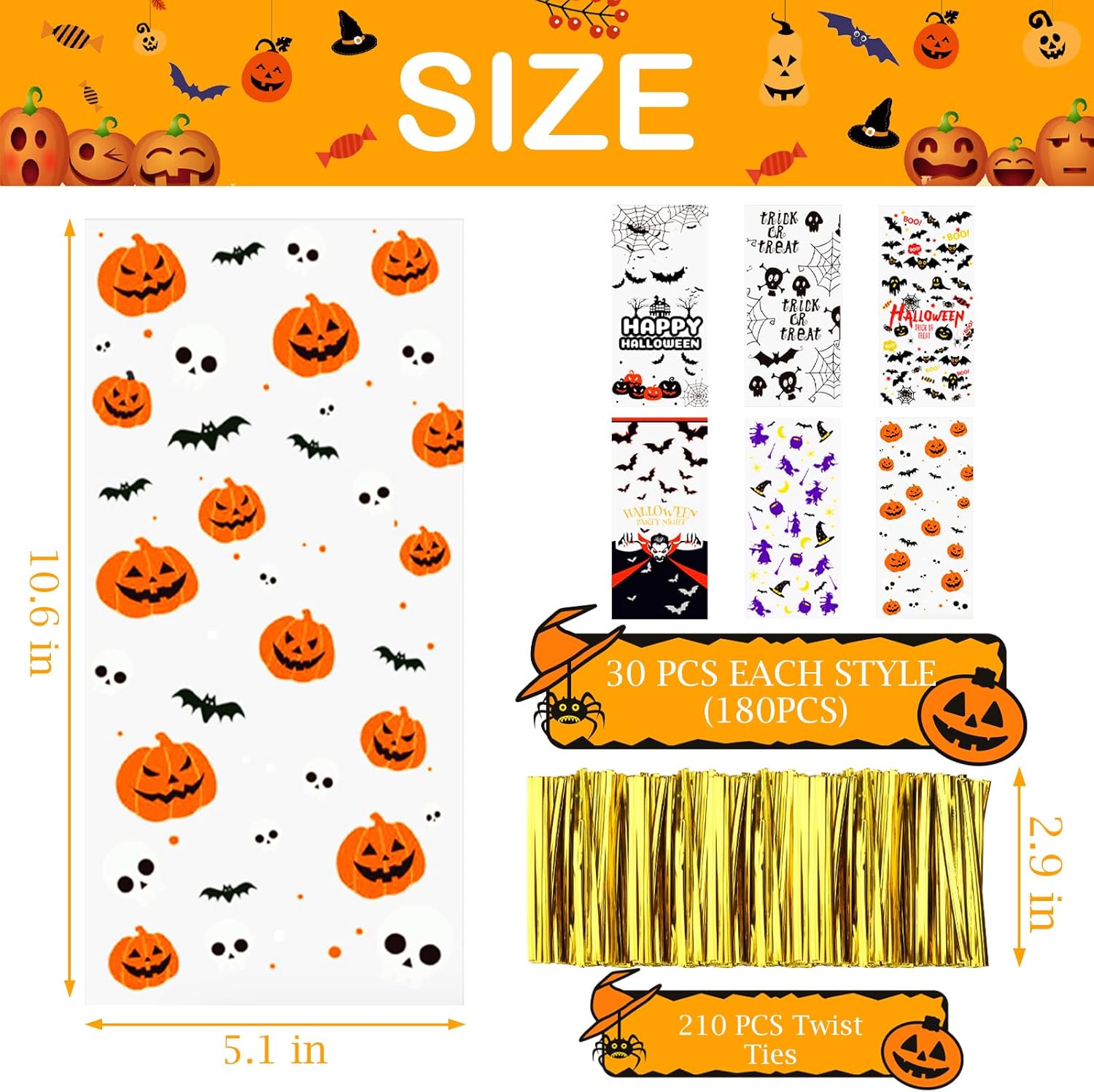 180 bolsas de celofán de Halloween, bolsa de plástico transparente para dulces con lazos dorados para fiestas de Halloween