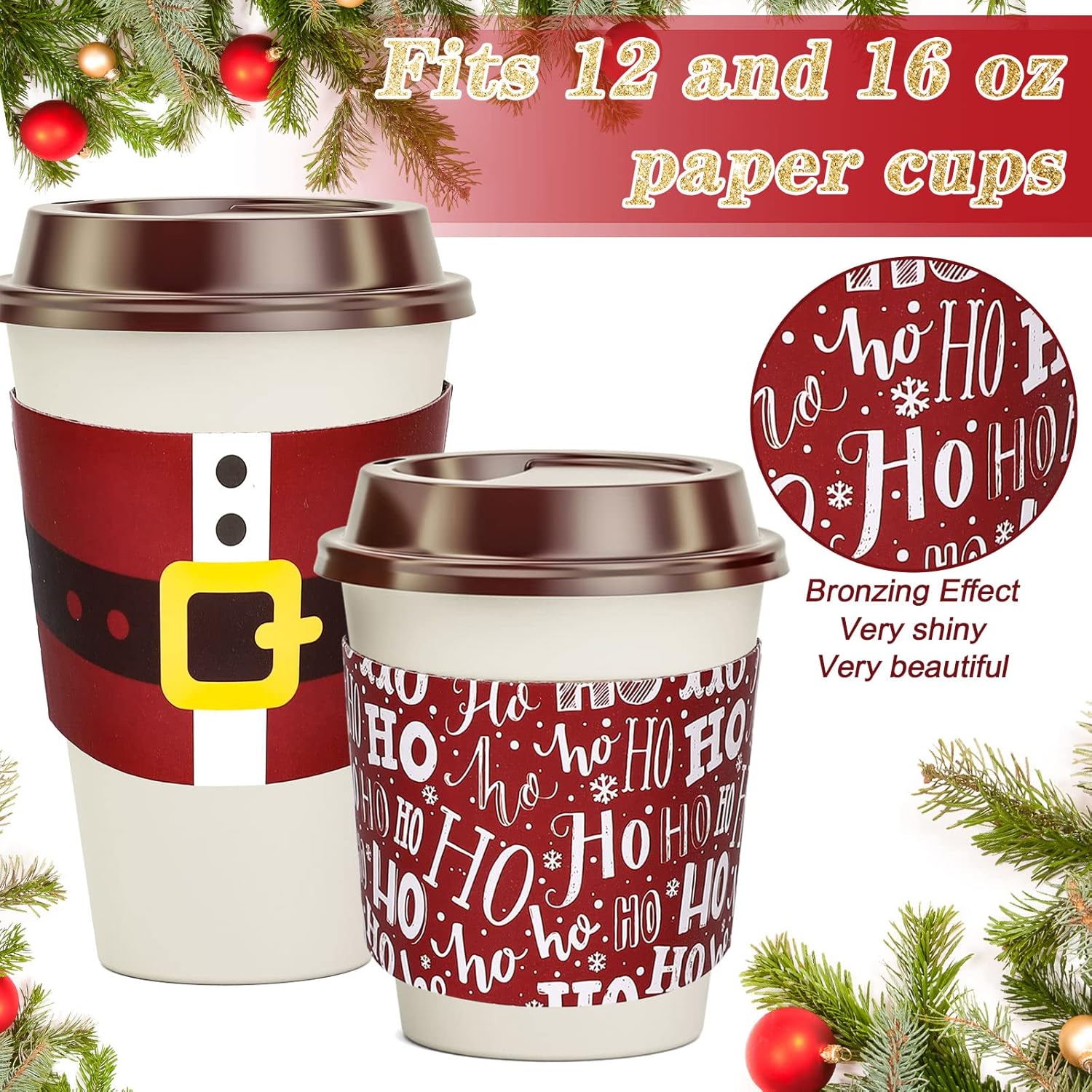 Whaline 60 fundas de papel de Navidad para taza de café, fundas de papel de Navidad rojas para tazas de papel de 12 y 16 onzas, Papá Noel, reno,