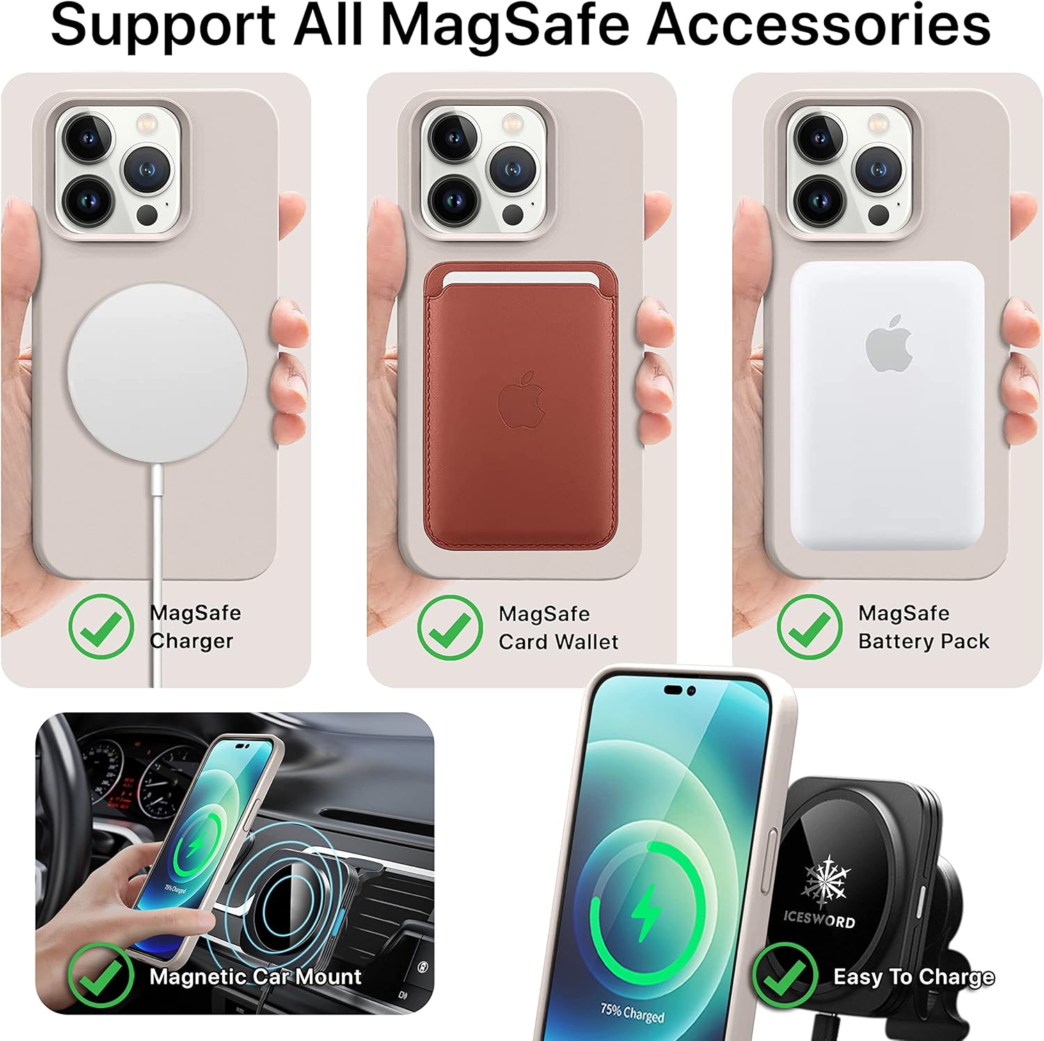 IceSword Funda magnética para iPhone 14 Pro Max, funda de silicona de piedra carga rápida Imanes fuertes delgados, beige claro, crema nude, arena
