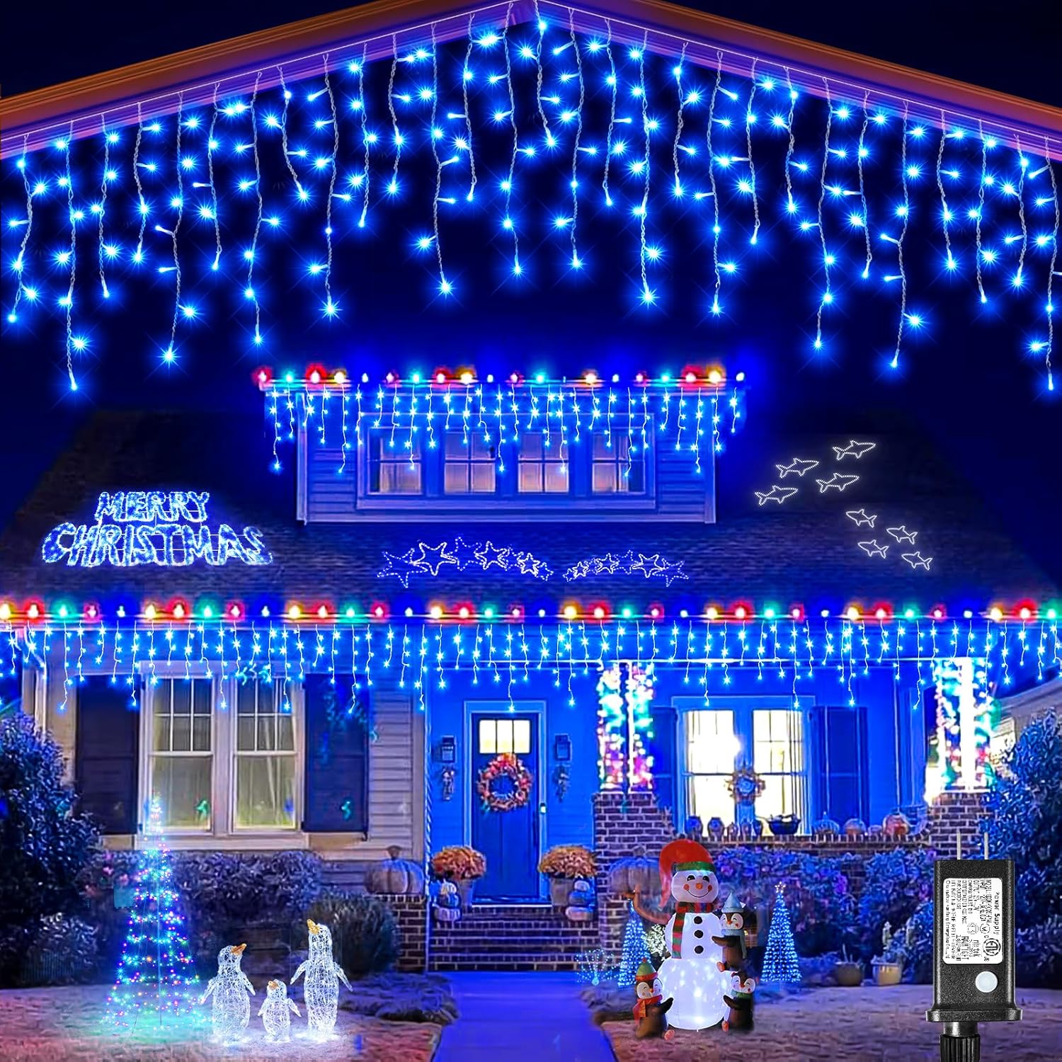 Luces de Navidad para exteriores  99 pies 1216 luces LED de carámbano al aire libre  Enchufe 8 modos de luces parpadeantes para decoraciones de