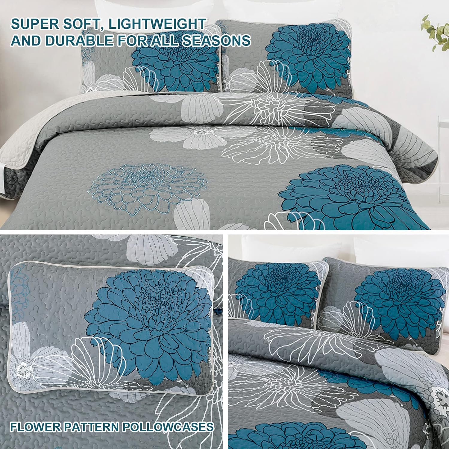 Juego de edredón floral tamaño California King, color azul, bohemio, 3 piezas, suave y ligero con 2 fundas de almohada para todas las estaciones,