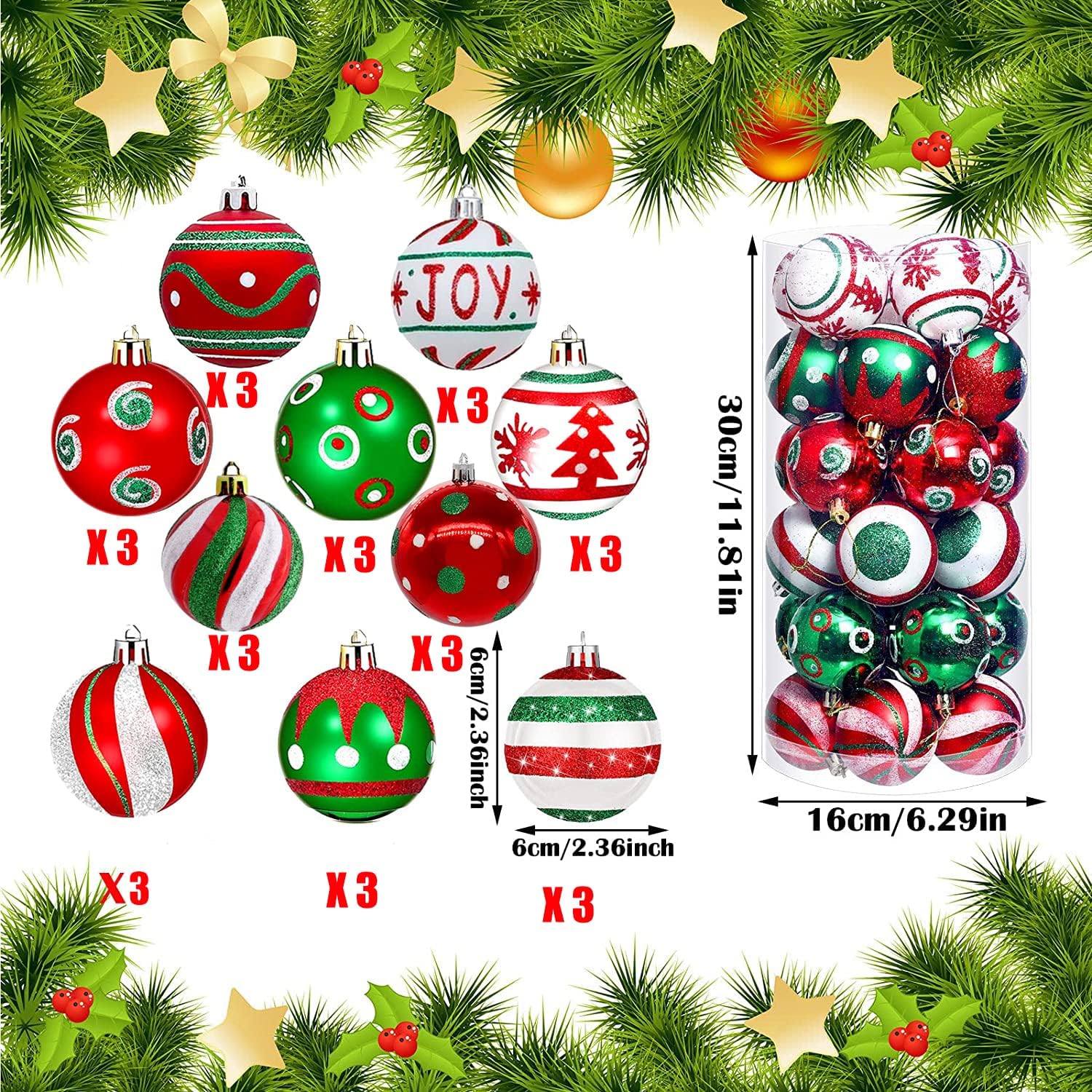 Juego de 30 bolas de Navidad para decoración de árbol de Navidad, 2.4 in, inastillables, adornos para árbol de Navidad, corona de Navidad y
