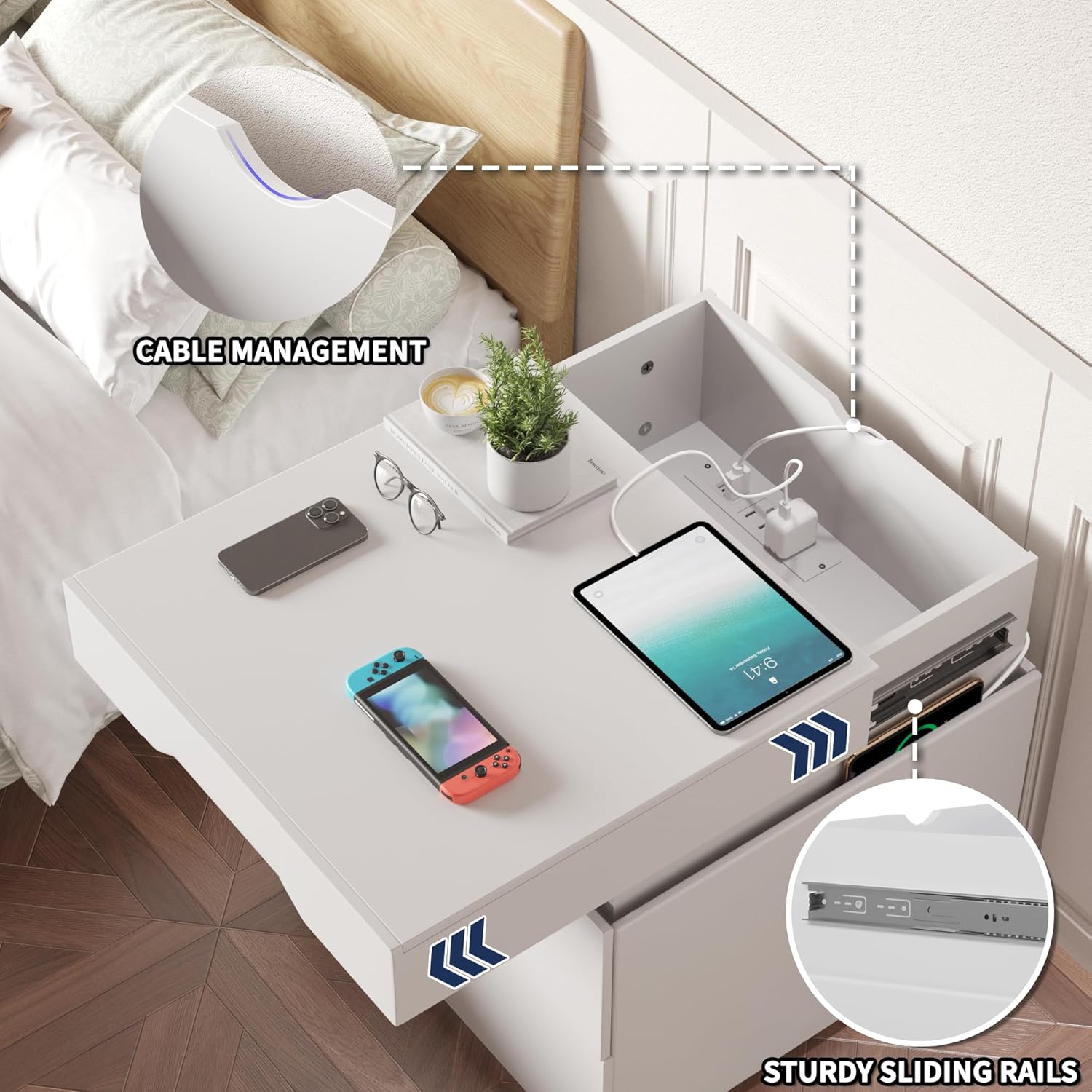YESHOMY Juego de 2 mesitas de noche LED con estación de carga, 3 cajones para dormitorio, sala de estar, gran capacidad, 27.5 pulgadas de altura,