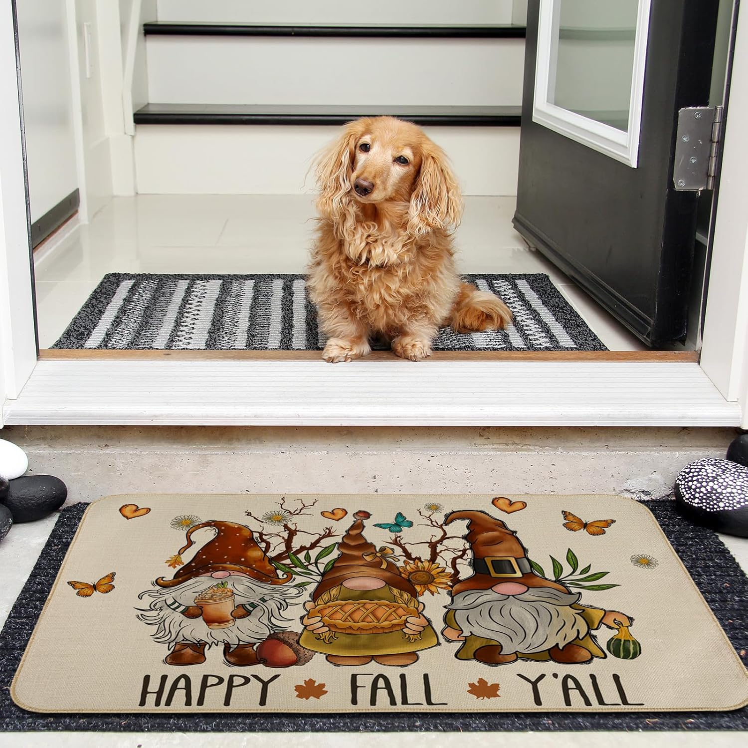 AnyDesign Happy Fall Y’all – Felpudo de otoño, gnomo, girasol, mariposa, tapete de entrada con goma antideslizante para cosecha de otoño, alfombra
