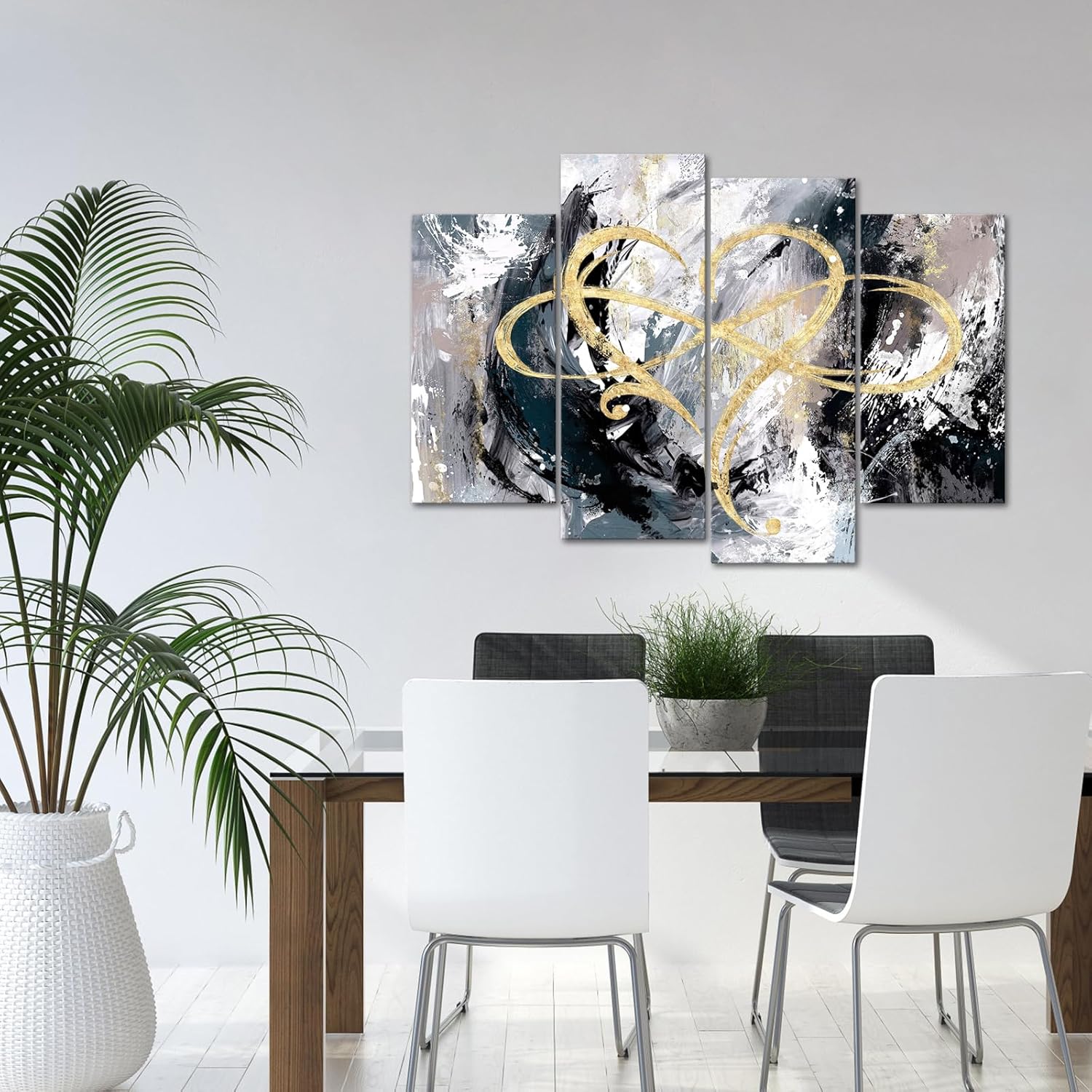 iHAPPYWALL Lienzo de 4 paneles con diseño de corazón infinito, arte abstracto de amor eterno, geométrico, gris y dorado, para dormitorio, sala de