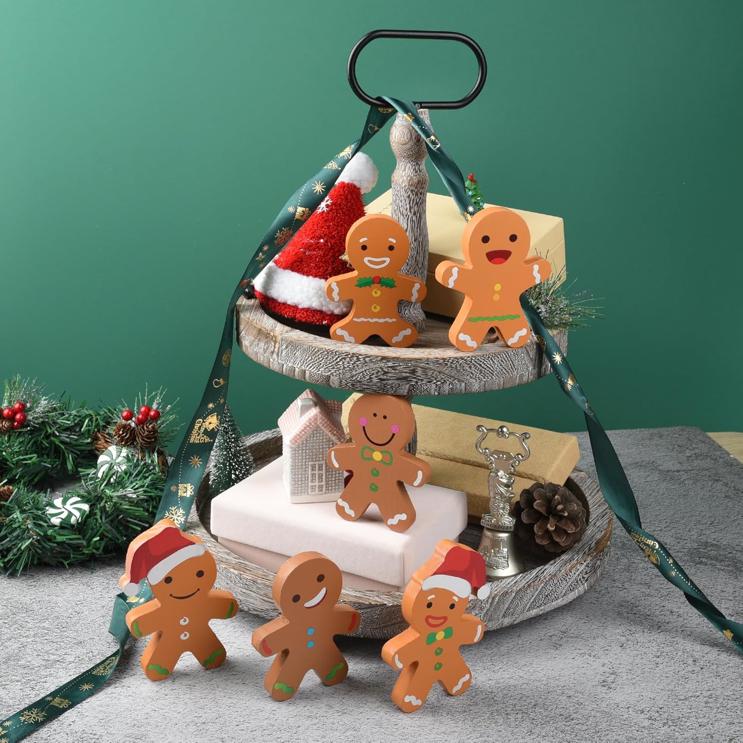 6 piezas de pan de jengibre decoraciones navideñas de hombre de jengibre de Navidad, letreros de madera decorativos de granja para mesa de invierno