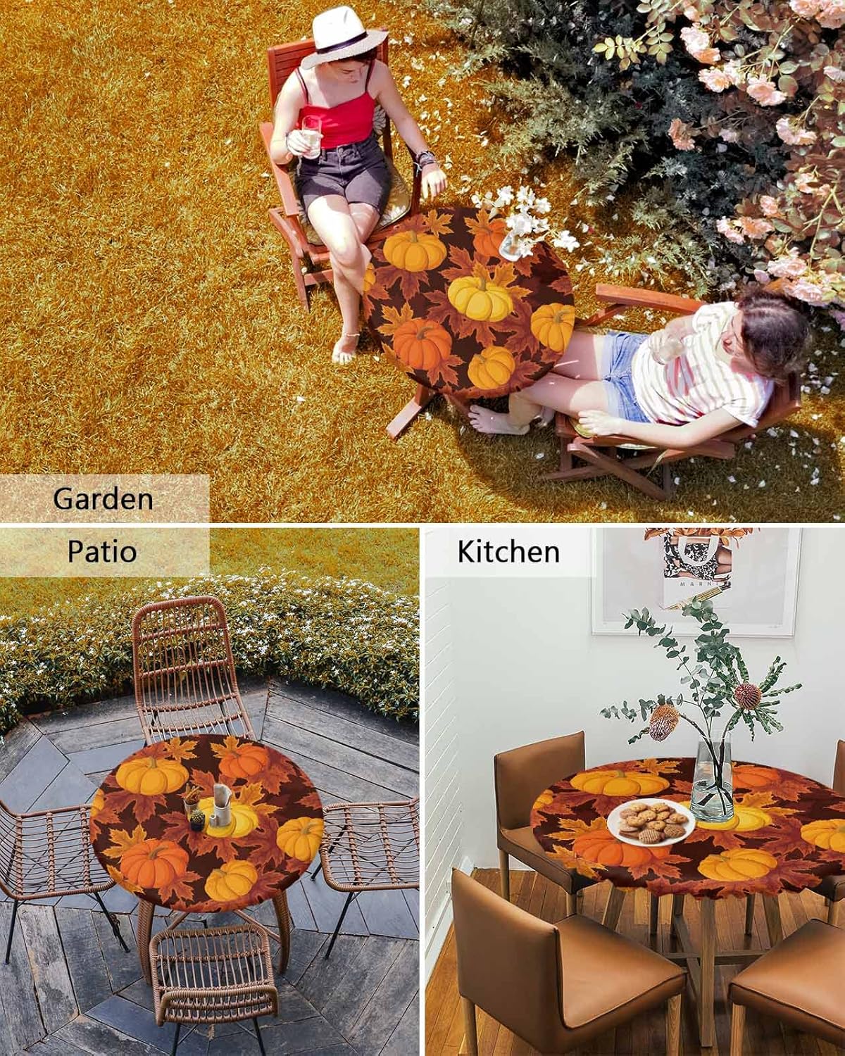 Mantel redondo ajustable con diseño de hojas de arce y calabaza de otoño, mantel con borde elástico, impermeable, mantel circular de cosecha de