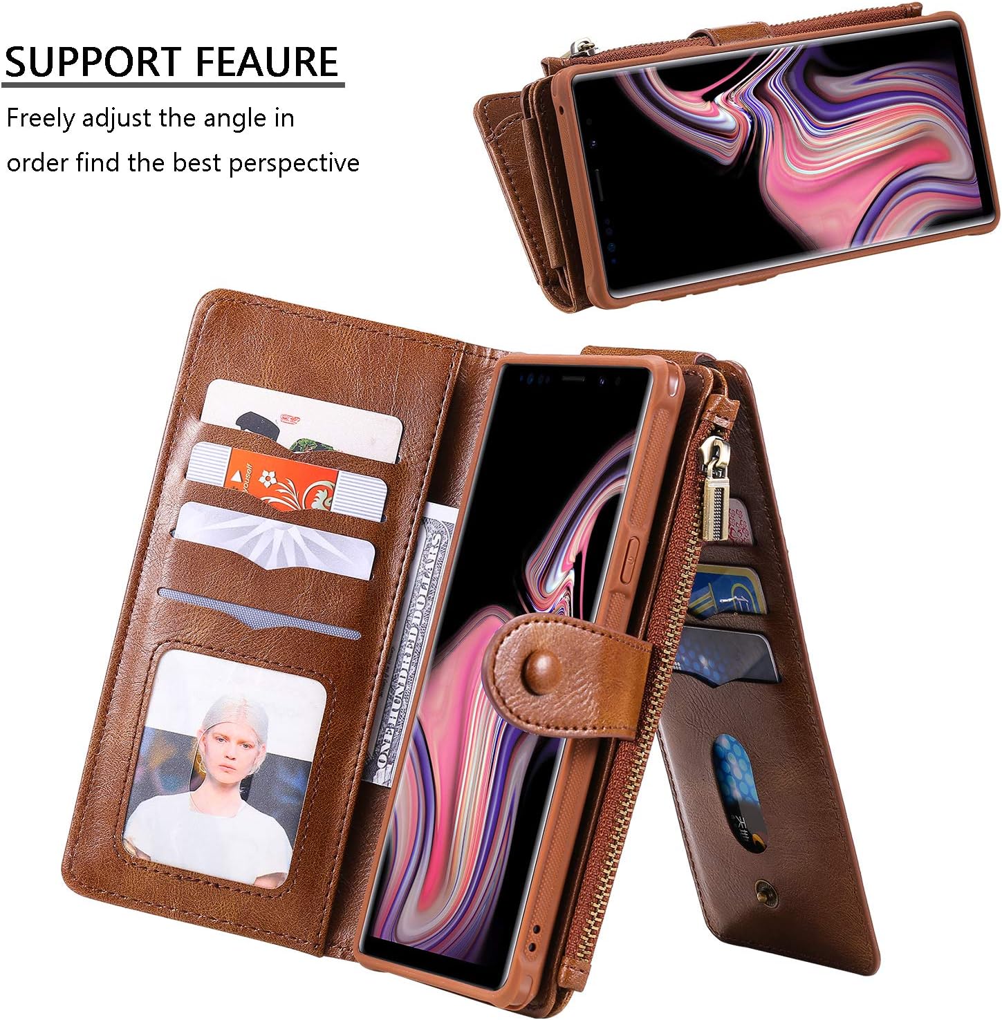 Asuwish Funda de teléfono para Samsung Galaxy Note 9 con cremallera, funda desmontable con protector de pantalla de vidrio templado y soporte de