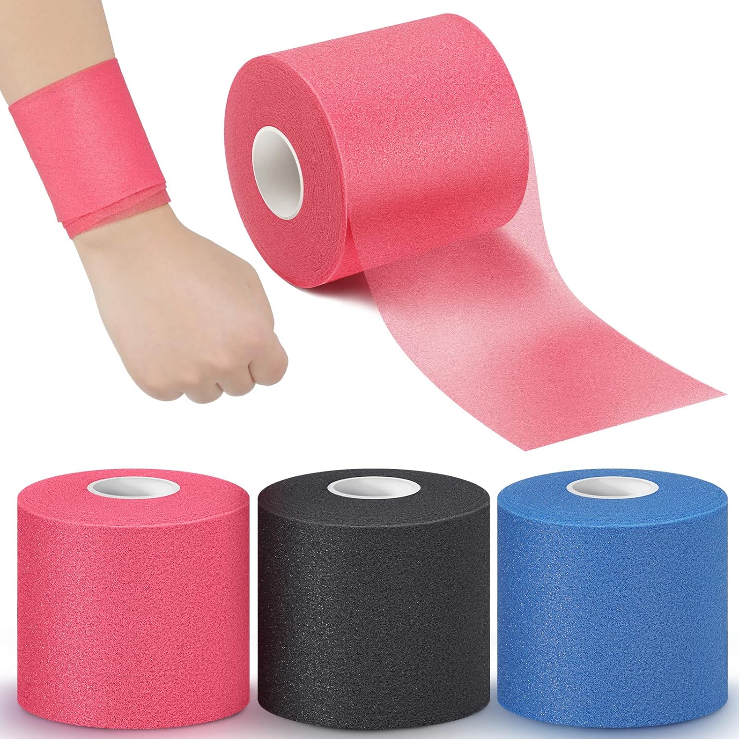 3 cintas preenvolventes para cabello, deportes, tobillo, muñecas, rodillas, envoltura interior de espuma de 2.75 pulgadas x 30 yardas (negro, azul)