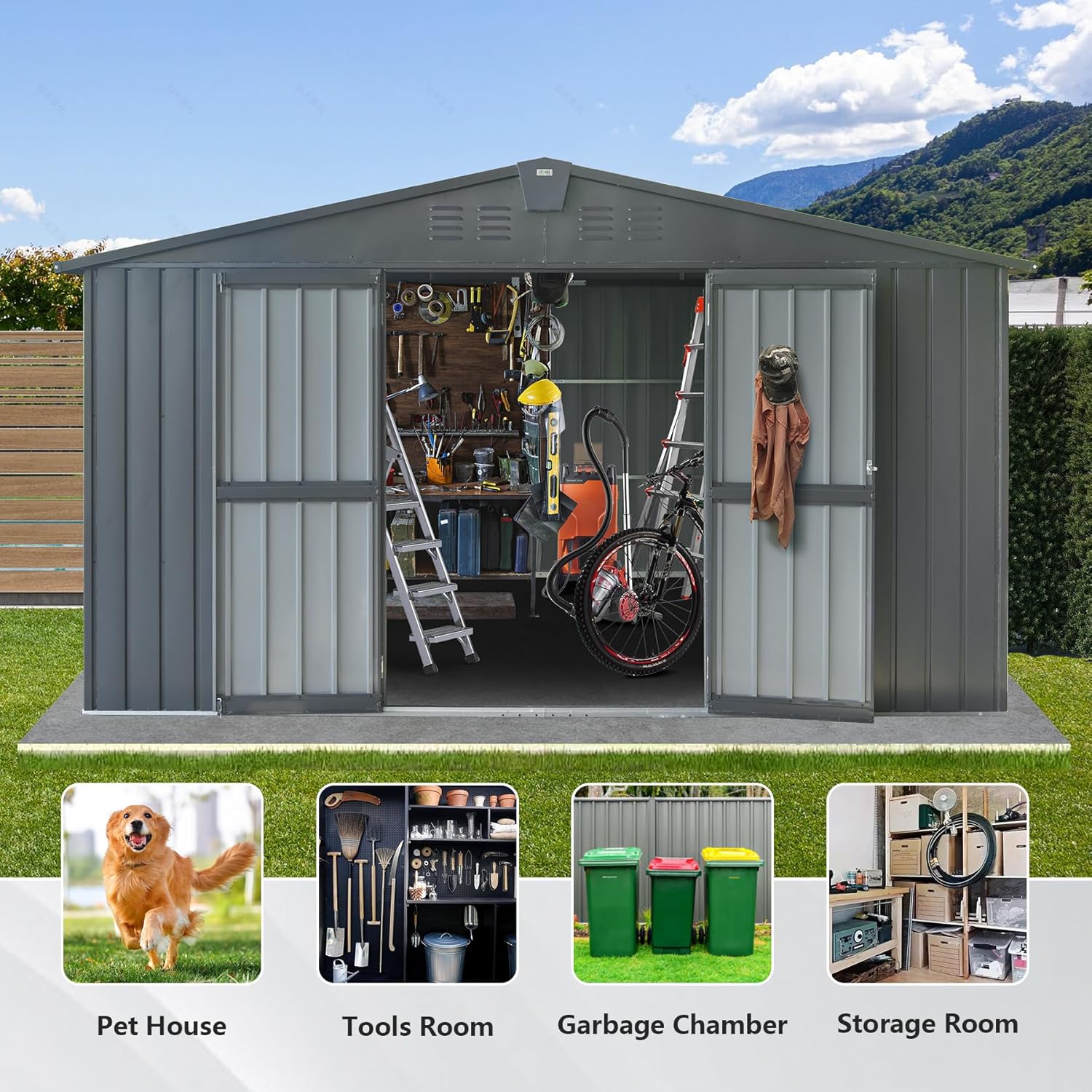 Domi – Cobertizo de almacenamiento para exteriores de 11 x 9 pies, cobertizos de metal para almacenamiento al aire libre con puertas bloqueables y