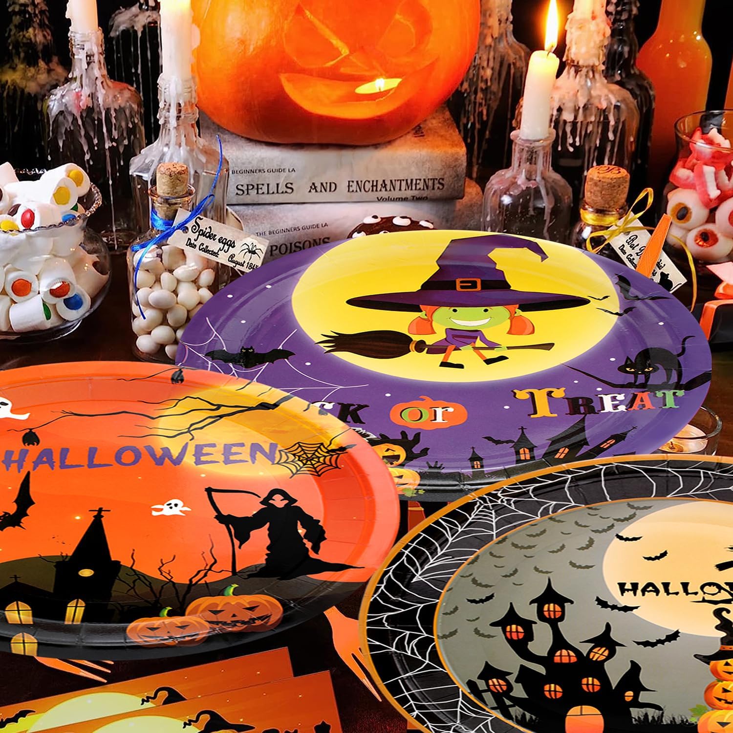 Suministros para fiesta de Halloween, juego de platos de papel de truco o trato, 60 platos de Halloween de 9 pulgadas para decoraciones de fiesta de