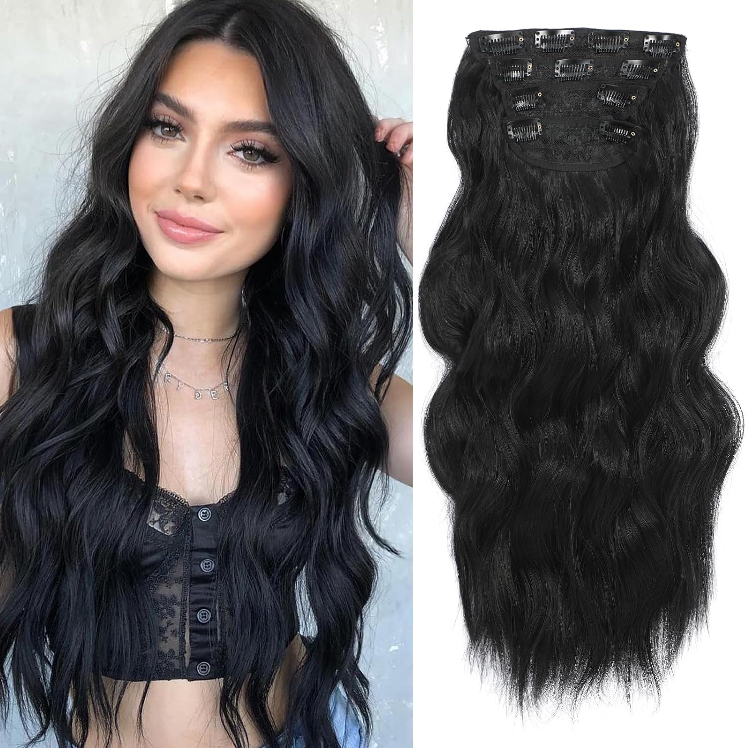 NAYOO Extensiones de cabello negro con clip, 4 piezas, extensiones de cabello ondulado y rizado, de fibra sintética de doble trama, extensiones