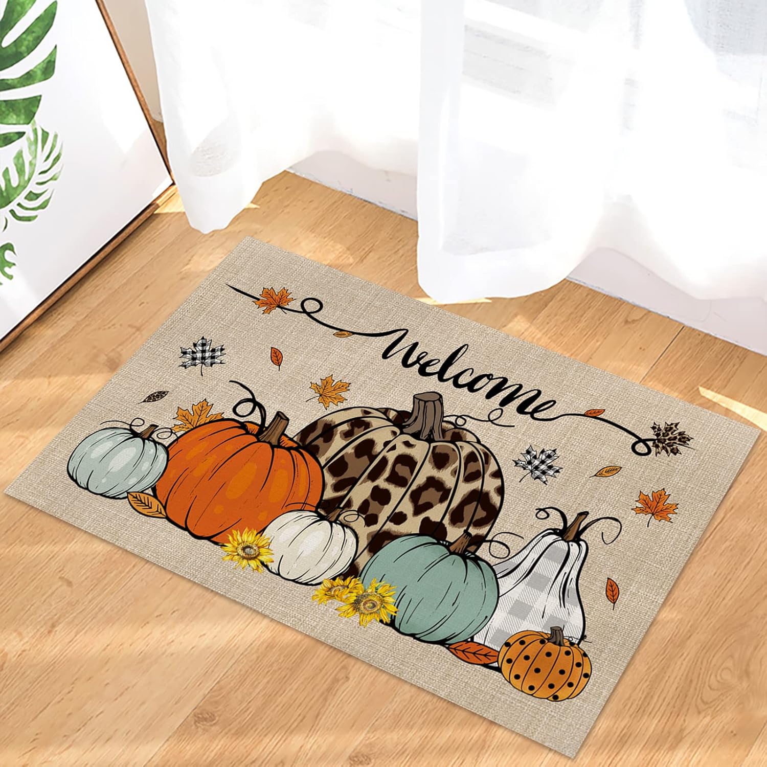 Tapete de calabaza de Acción de Gracias, tapete de bienvenida con diseño de leopardo, diseño de calabaza, hojas de arce, tapete antideslizante para