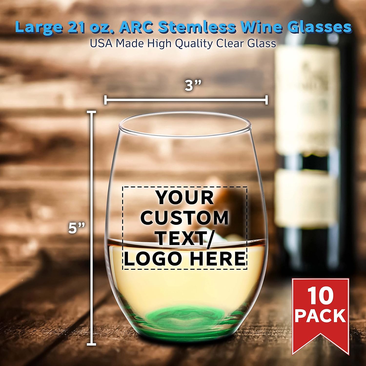 DISCOUNT PROMOS Juego de 10 copas de vino ARC sin tallo, 21 onzas, texto personalizable, logotipo, Chardonnay, Cabernet, Merlot, Sauvignon, verde