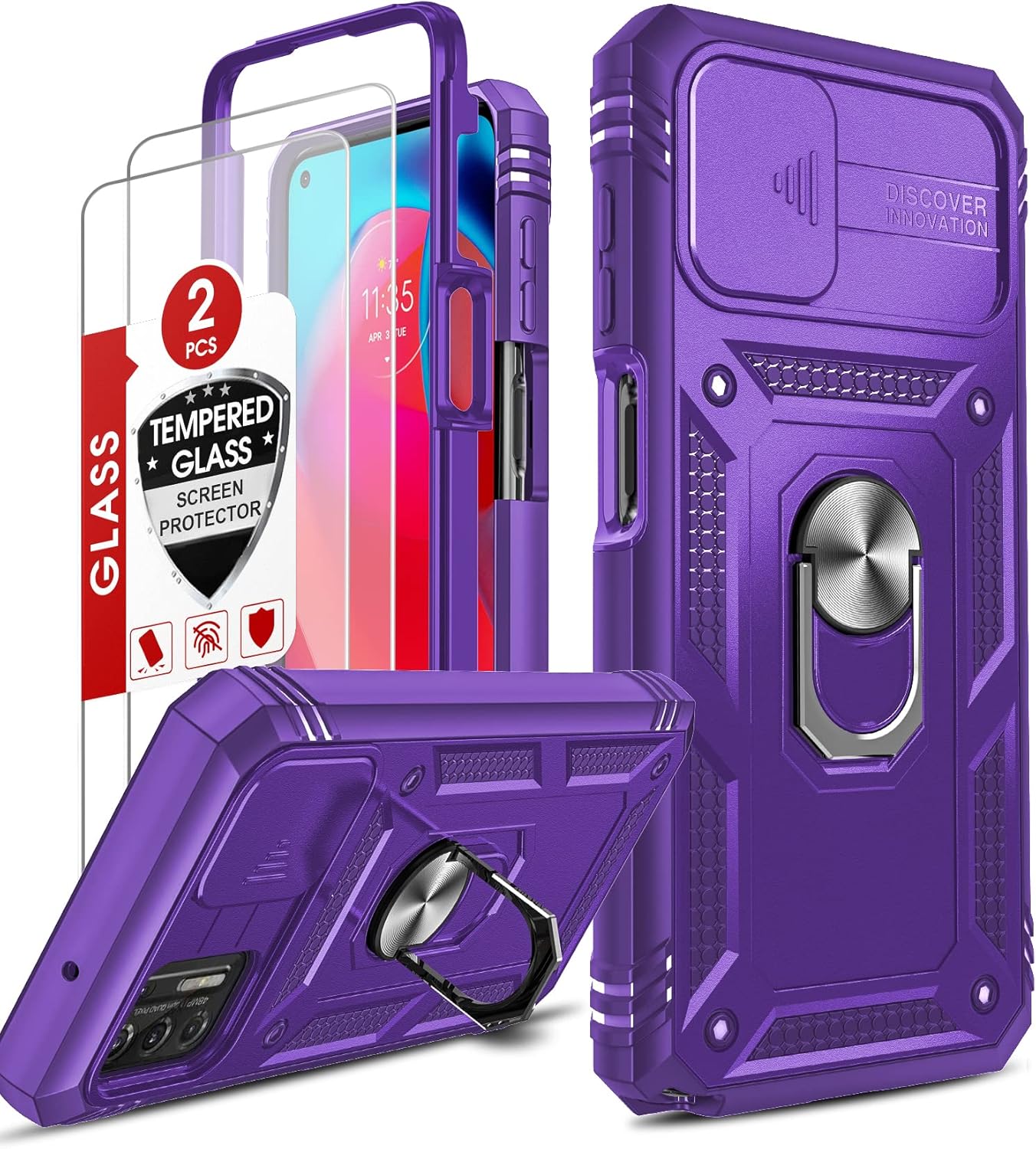 LeYi Funda para Moto G Stylus 4G 2021 con funda deslizante para cámara + 2 unidades Protector de pantalla de vidrio templado, funda de grado militar