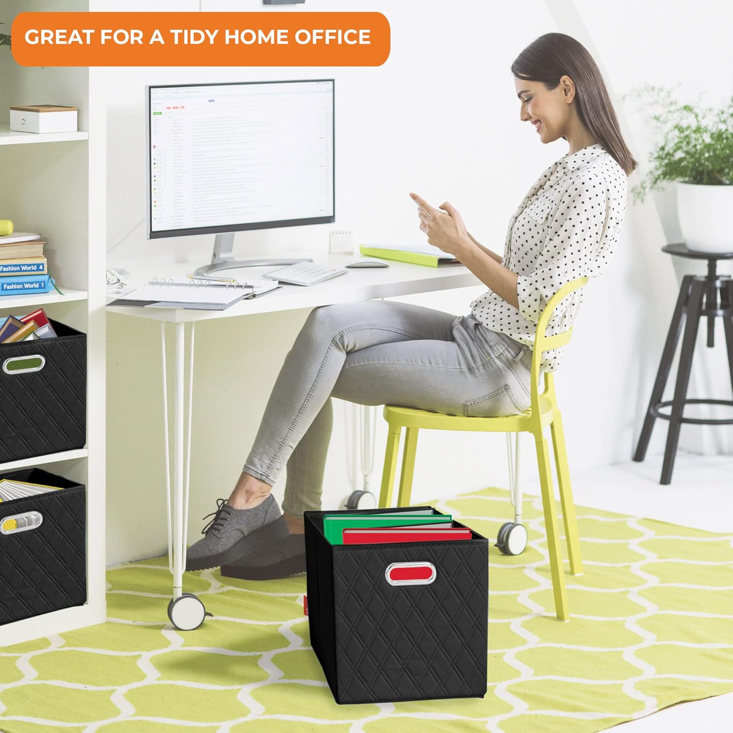 Juego de cuatro cubos de almacenamiento plegables de piel sintética con patrón de diamante negro de 11 pulgadas con asas dobles para sala de estar,