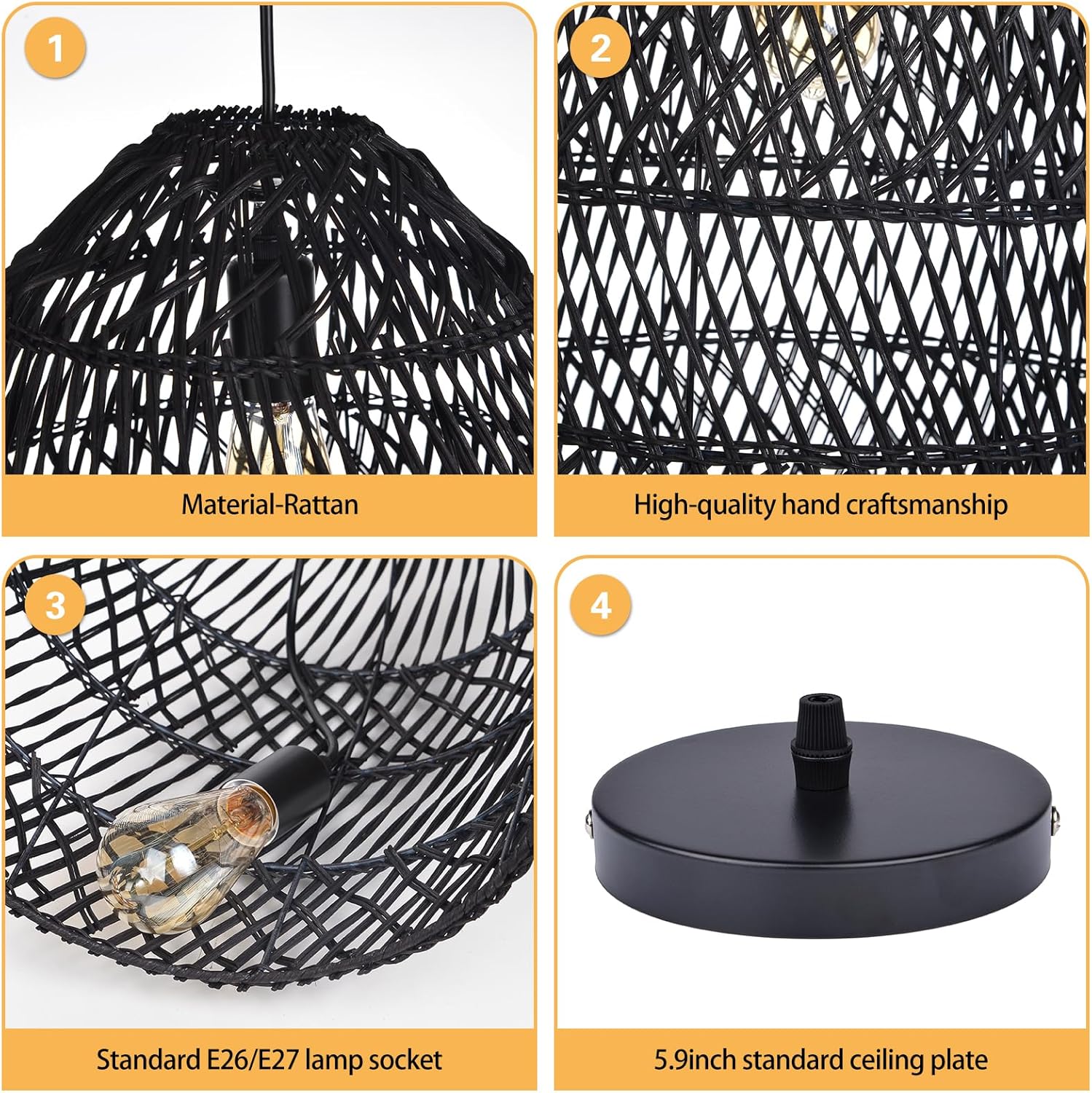 Arturesthome Lámpara colgante de cesta de ratán rústico, lámpara de araña de mimbre bohemio, pantalla de artesanía costera hecha a mano, iluminación