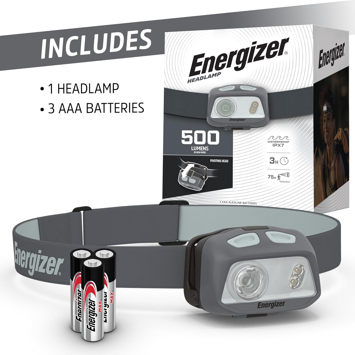Energizer Linterna frontal LED HDL40, 500 lúmenes, IPX7 impermeable, linterna frontal multicolor, luz manos libres, baterías incluidas