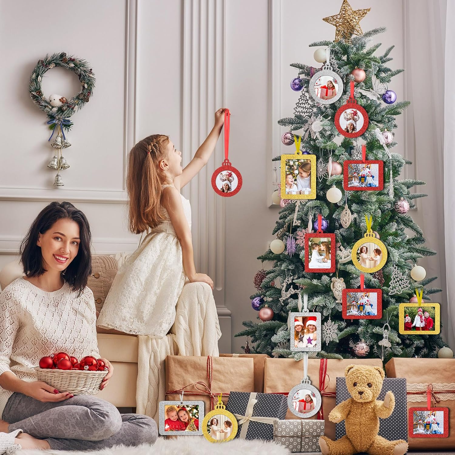 Queekay 48 adornos navideños para colgar fotos, marco de fotos para árbol, marco de fotos pequeño con purpurina para bricolaje, manualidades,