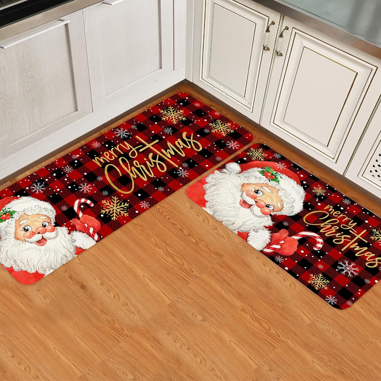 Alfombrillas de cocina de Papá Noel para piso, 2 piezas, diseño de búfalo rojo y negro, antideslizantes, juego de alfombras de cocina lavables,