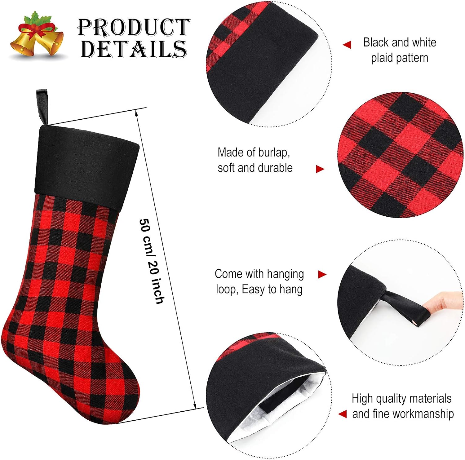 Skylety – Calcetines de Navidad de 20 con tela a cuadros, piel sintética, para colgar en chimeneas, fiestas de Navidad en familia