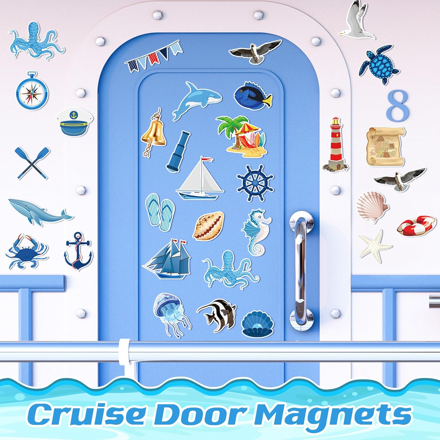 29 imanes de navegación marítima para automóvil, calcomanías de anclaje para puerta de crucero, decoración de puerta de crucero, palmera, tortuga,