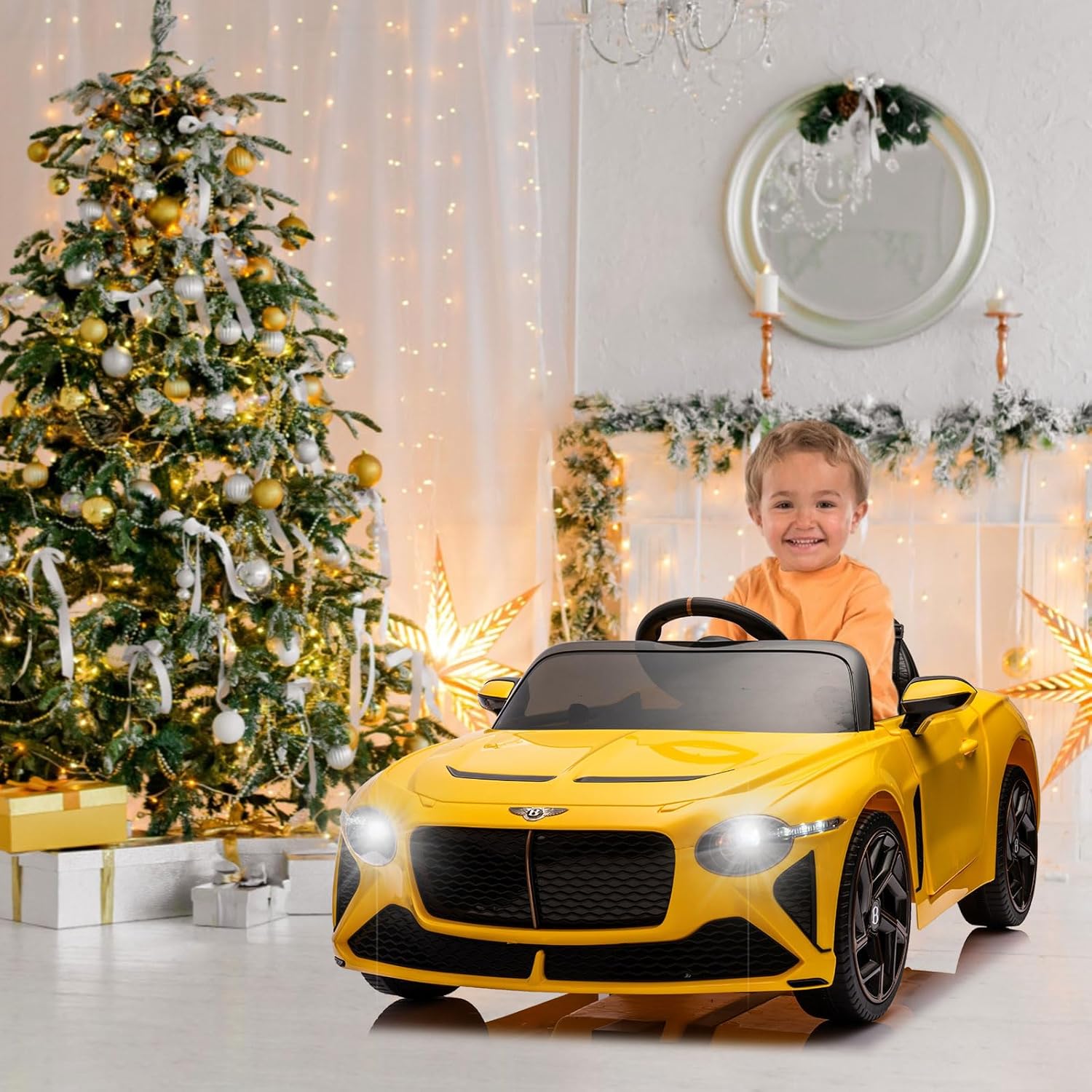 Auto de paseo para niños de 12 V con control remoto, auto para niños para conducir con 3 velocidades, luces LED, música, puertas abiertas,