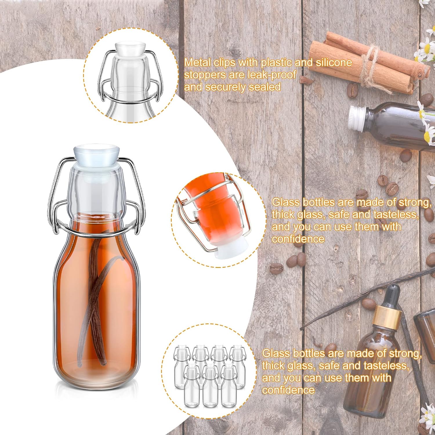 Botellas de vidrio pequeñas con tapa abatible de 3.5 onzas, botella de vidrio transparente con tapas, botellas de extracto de vainilla con