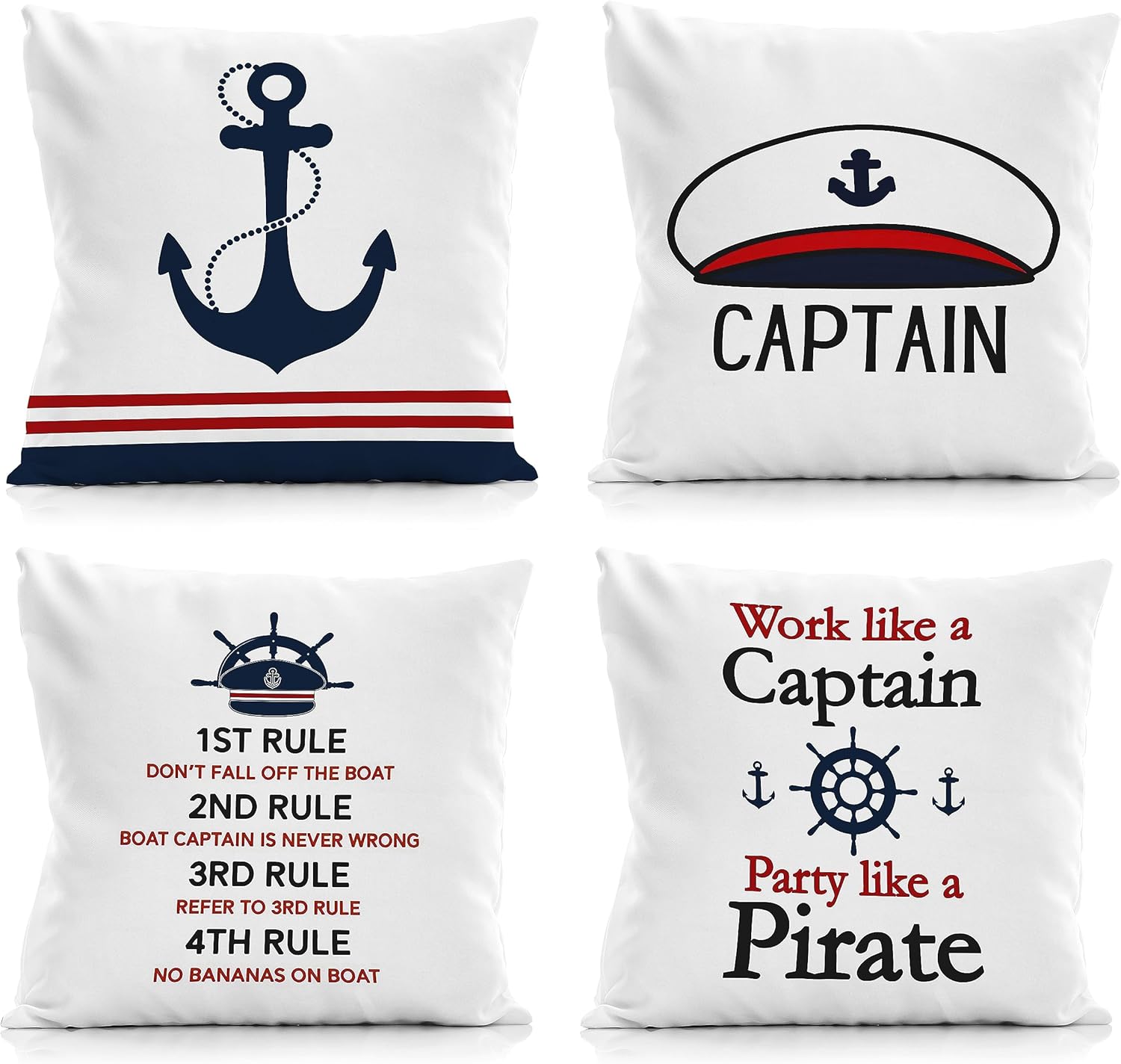 Juego de 4 fundas de almohada náuticas de 18 x 18 pulgadas, funciona como un capitán de fiesta como un pirata, para casa costera, hogar de verano,