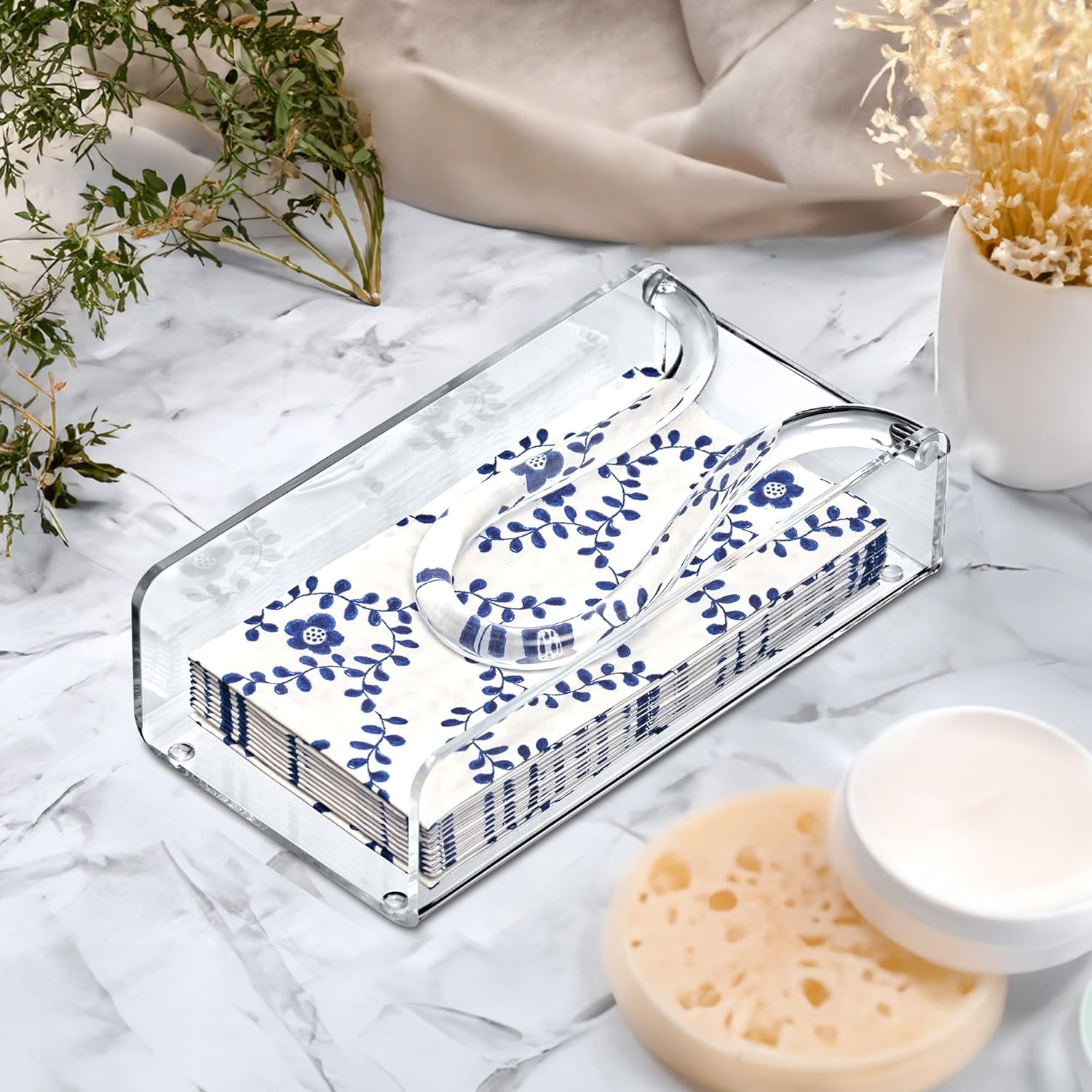 Amazing Abby Servilletero acrílico para toallas de invitados (8.5 x 4.5 pulgadas), dispensador de servilletas de plástico transparente con brazo