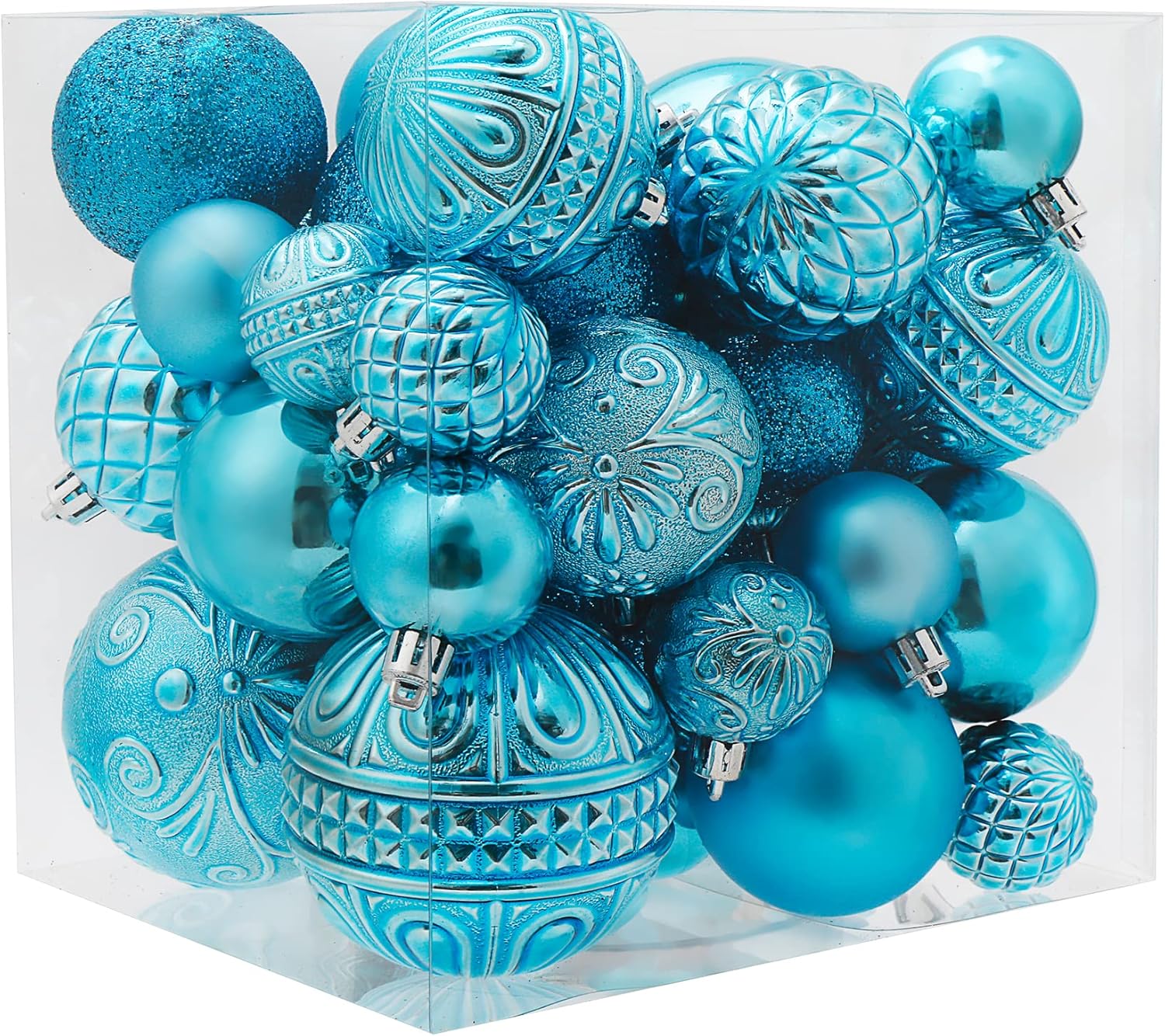 Adornos de bola de Navidad color azul bebé, decoración para árbol de Navidad con cuerda para colgar, 36 piezas inastillables con 6 estilos en 3