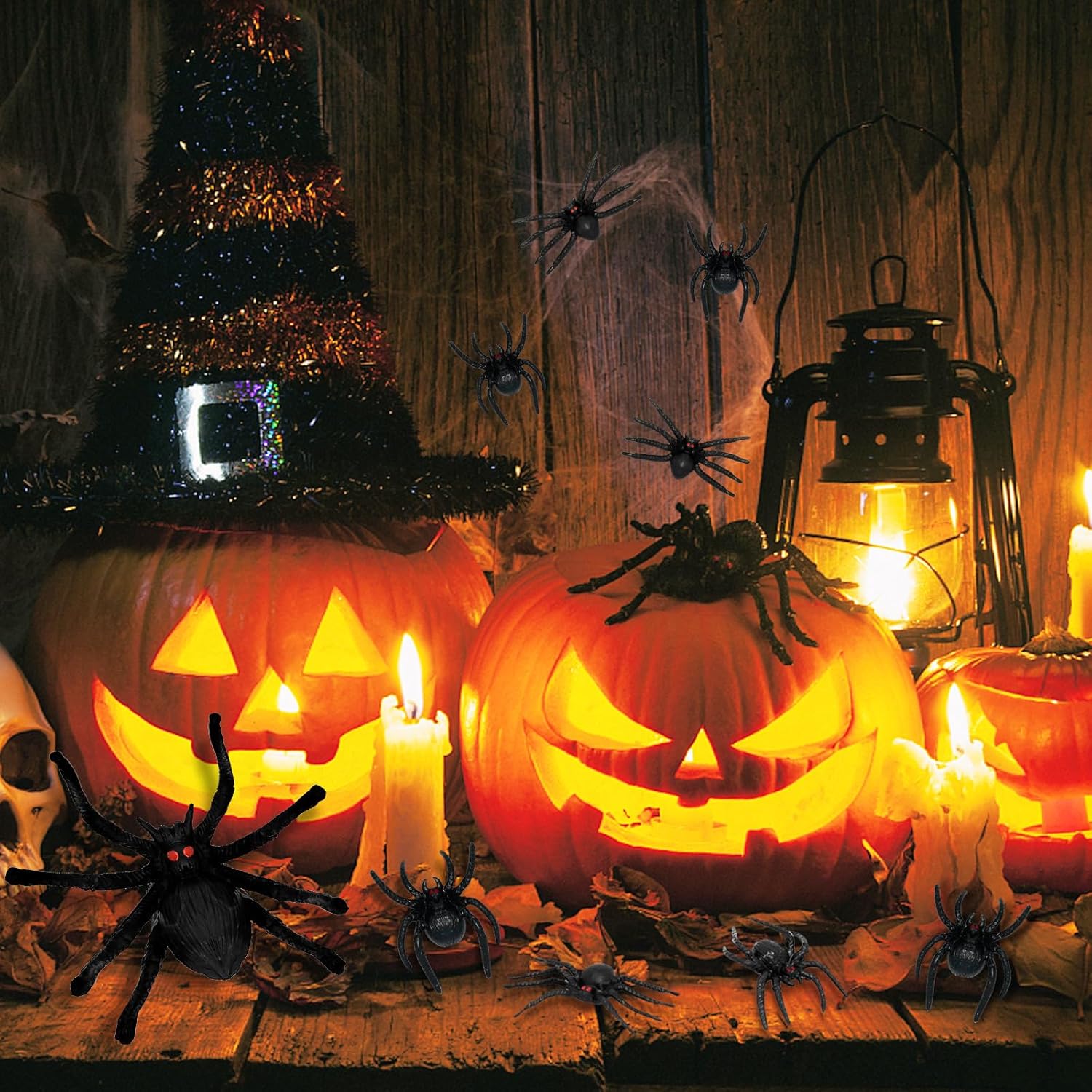 50 arañas de plástico para Halloween, arañas falsas de tres tamaños, broma de Halloween, juguetes de broma para decoraciones de Halloween