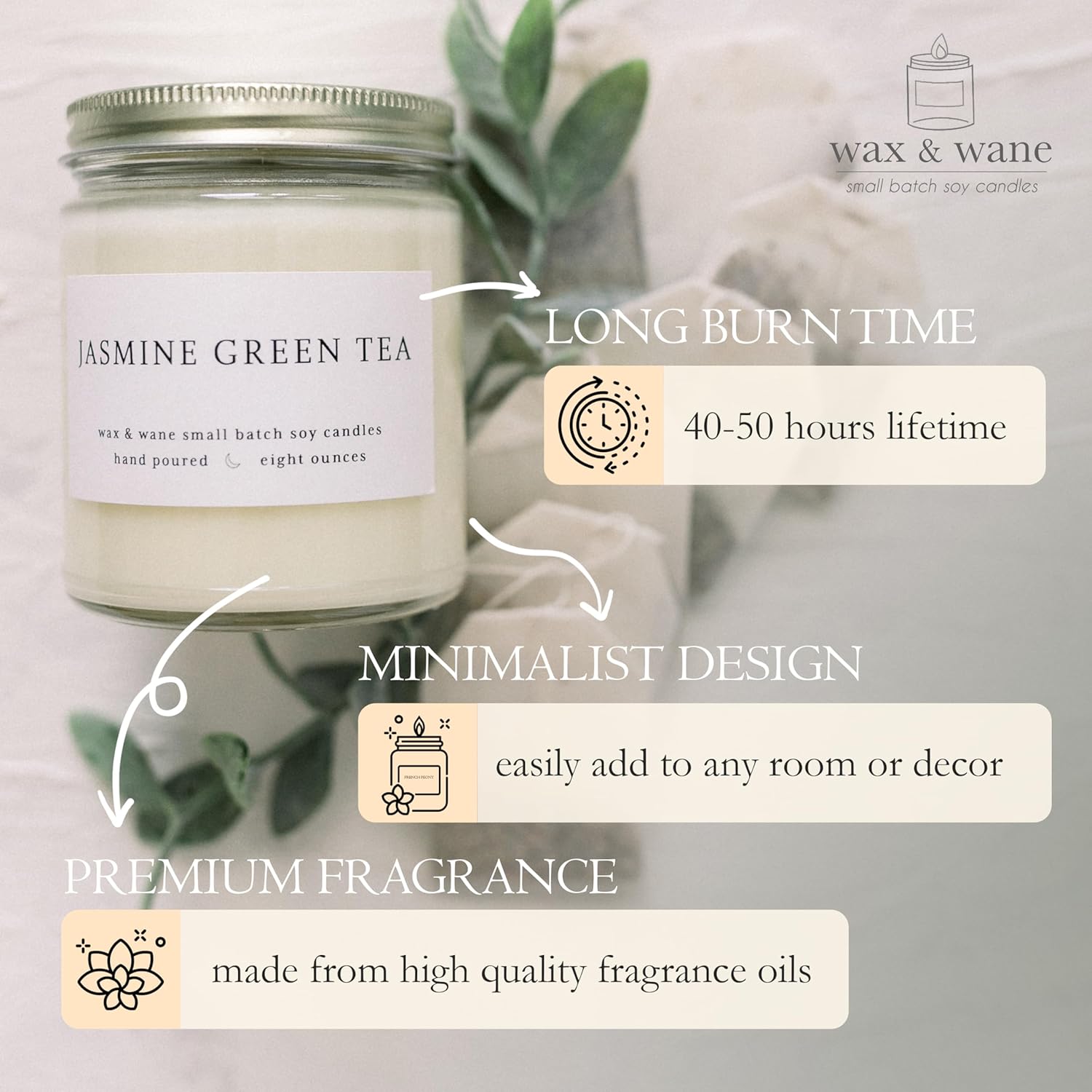 Wax & Wane Jasmine Green Tea Modern 8oz Handmade Candle For Men and Women – Long Burning 40+ Hours Candles For Home, Bedroom, and Bathroom – 100%