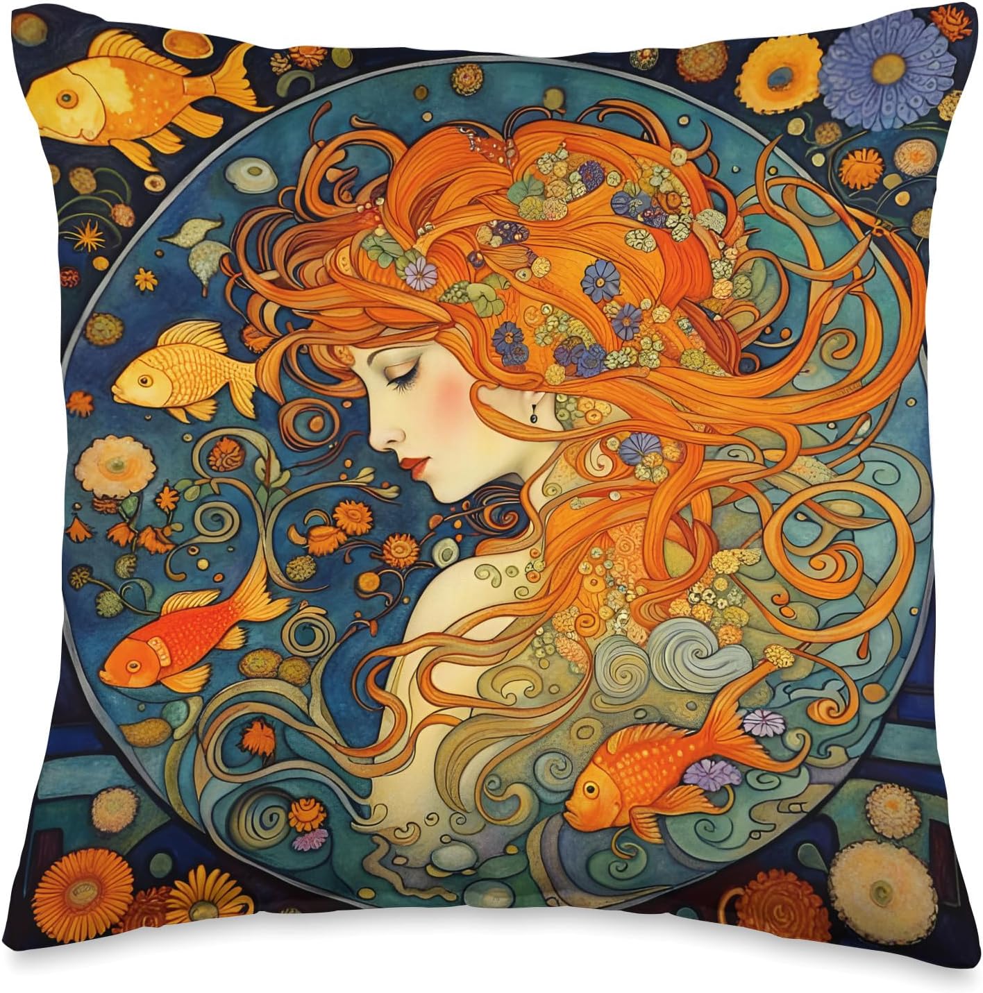 Red haired Art Nouveau Woman Of The Waters Hermosa almohada estilo Art Nouveau de la mujer pelirroja de las aguas, 16 x 16 pulgadas, multicolor