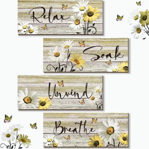 ZINYAZHE 4 piezas de decoración de pared de baño amarillas de margaritas amarillas y mariposas amarillas, arte de pared amarillo para relajarse, ZINYAZHE 4 piezas de decoración de pared de baño amarillas de margaritas amarillas y mariposas amarillas, arte de pared amarillo para relajarse,