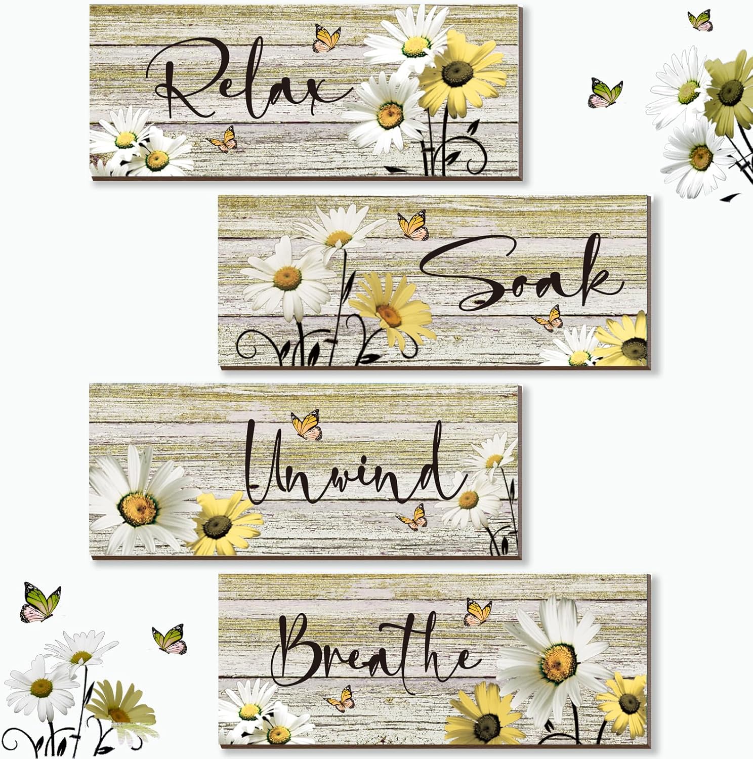 ZINYAZHE 4 piezas de decoración de pared de baño amarillas de margaritas amarillas y mariposas amarillas, arte de pared amarillo para relajarse,