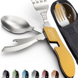 Orblue Utensilios de campamento 4 en 1, paquete de 2, cuchara portátil de acero inoxidable, tenedor, cuchillo y abridor de botellas, Orblue Utensilios de campamento 4 en 1, paquete de 2, cuchara portátil de acero inoxidable, tenedor, cuchillo y abridor de botellas,