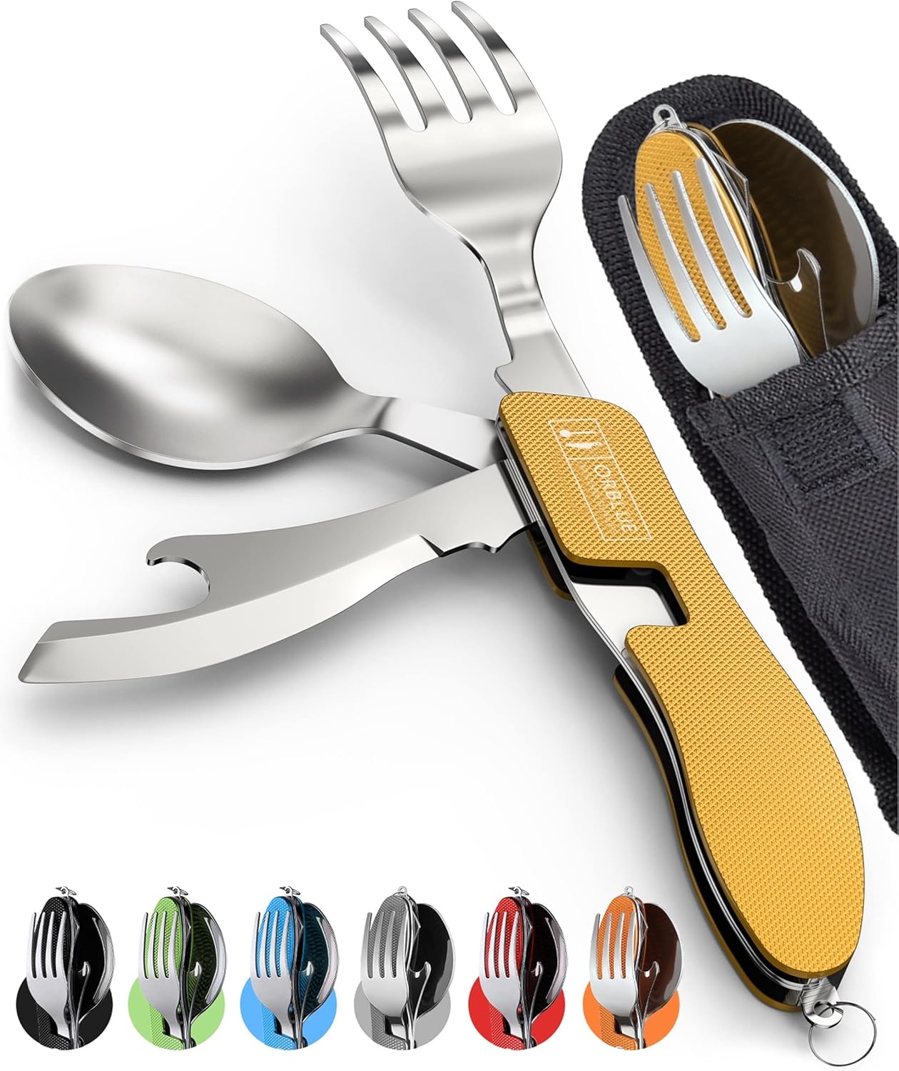 Orblue Utensilios de campamento 4 en 1, paquete de 2, cuchara portátil de acero inoxidable, tenedor, cuchillo y abridor de botellas,
