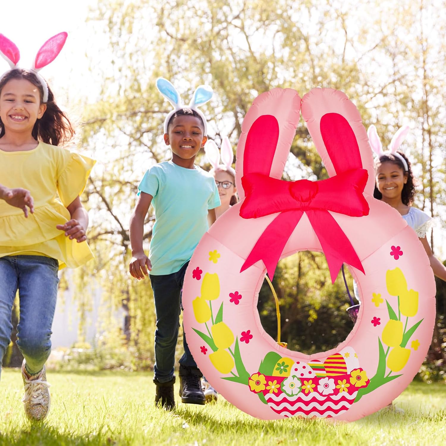 Corona inflable de Pascua de 4.9 pies, decoración al aire libre, corona de huevo de Pascua grande, corona de Pascua para primavera, decoración de