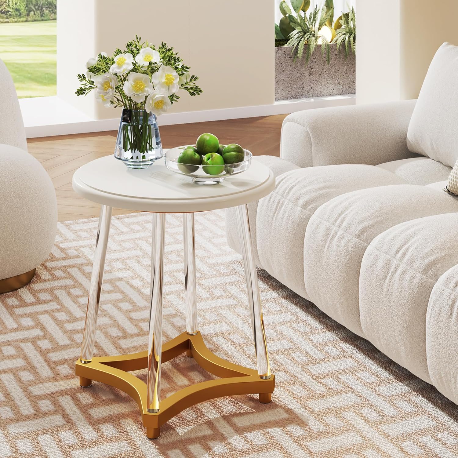LITTLE TREE Mesa auxiliar redonda, moderna mesa auxiliar blanca con patas acrílicas, pequeña mesa redonda decorativa para espacios pequeños, sala de