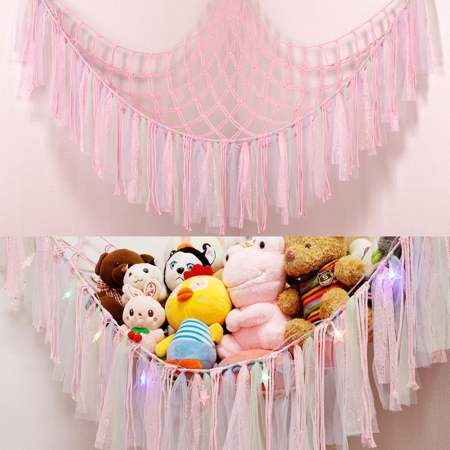 YELIENM Red de animales de peluche o hamaca con luz LED, red de hamaca de juguete de 59 pulgadas para animales de peluche, para colgar en la