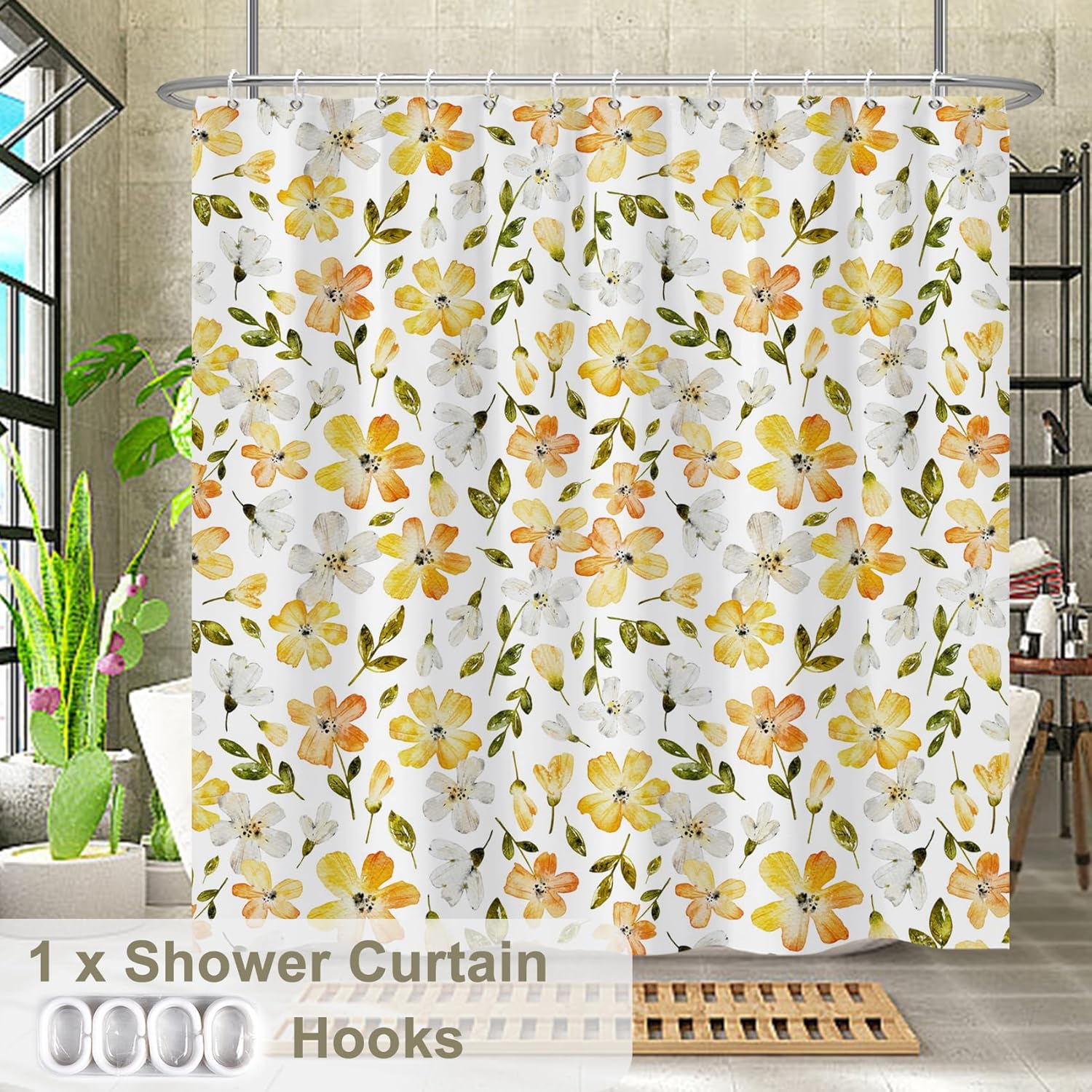 Cortina de ducha con flores amarillas, juego de cortina de ducha floral amarilla para baño, cortina de baño de tela de jardín bohemio con ganchos,