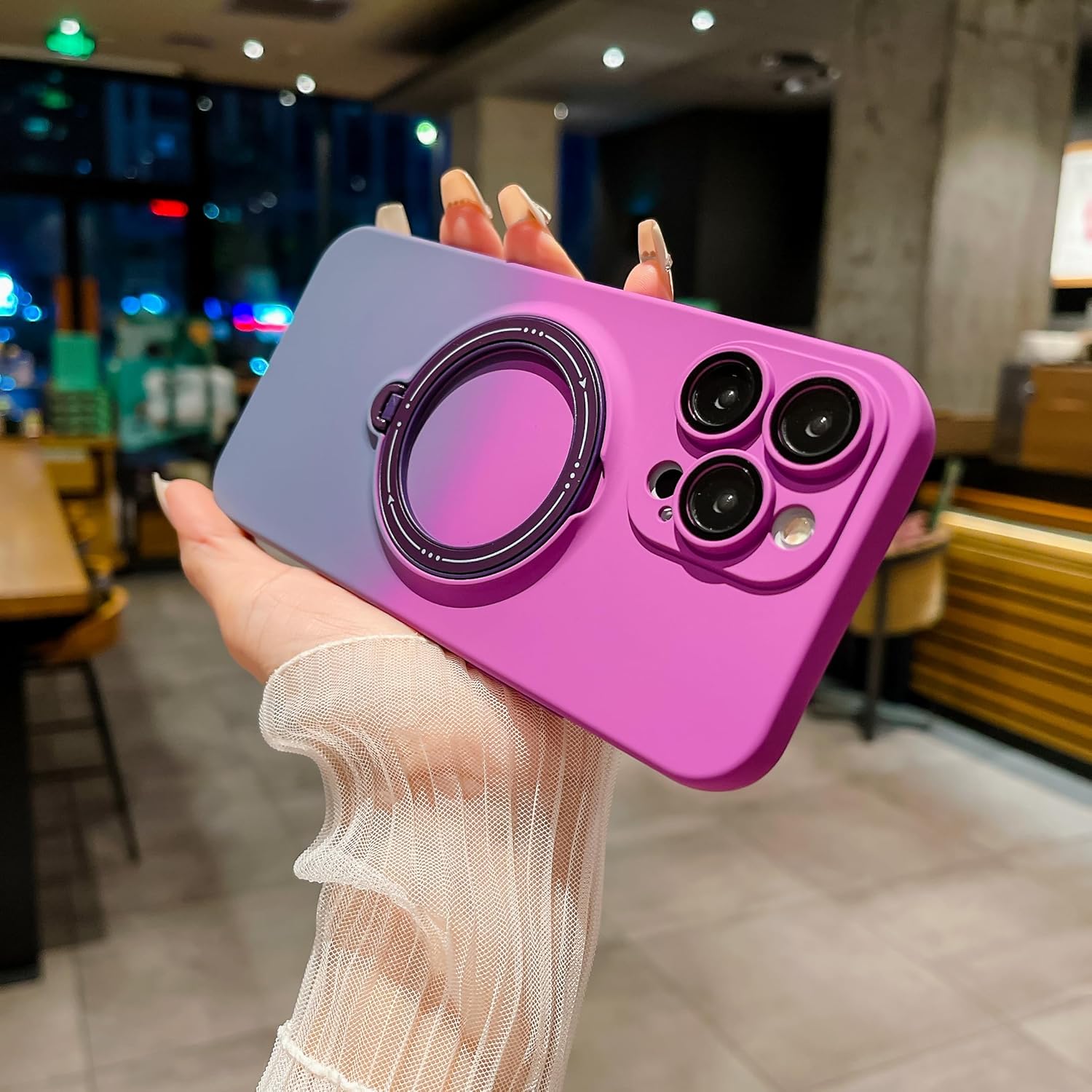MGQILING Funda magnética compatible con iPhone 14 Pro Max, funda de lujo giratoria de 360 color degradado, soporte oculto, compatible con MagSafe