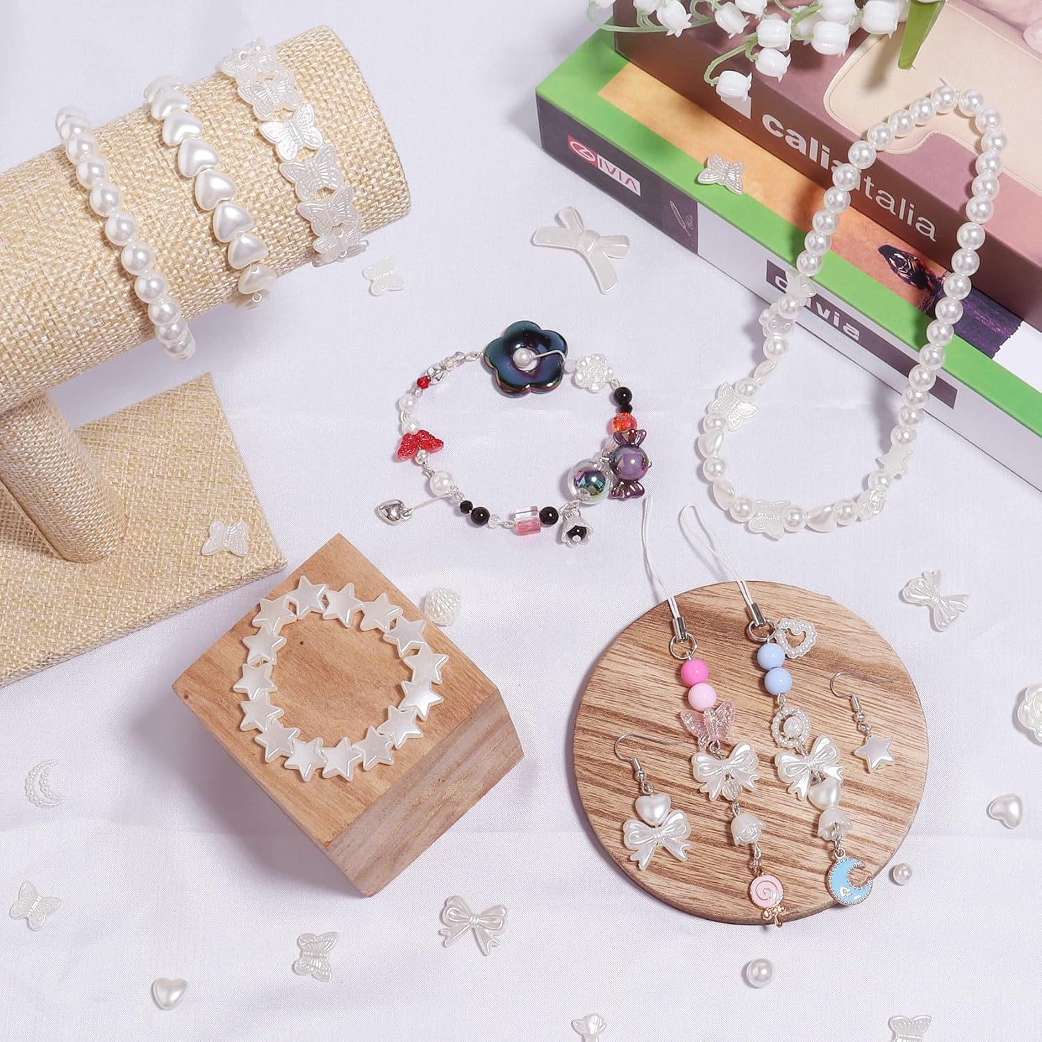 200 cuentas de perlas de imitación de acrilonitrilo butadieno estireno sueltas de mariposa blanca para hacer joyas, pulseras, collares, aretes,